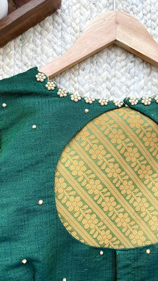 (Free full draping ) Green chanderi silk saree with hand worked blouse