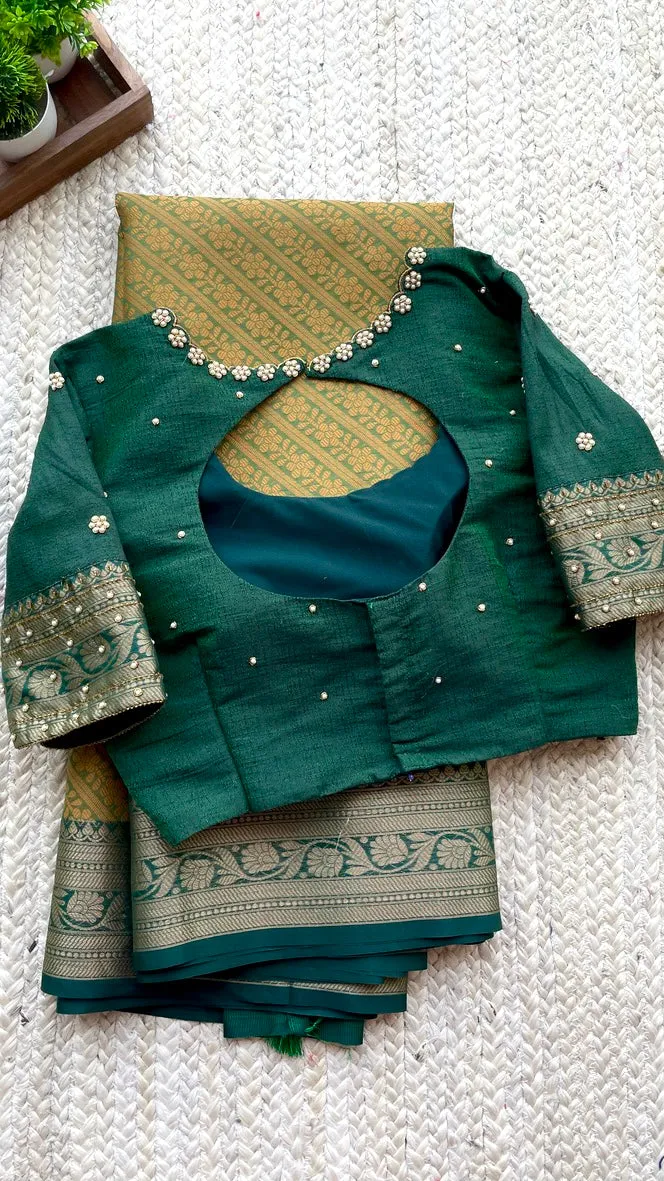 (Free full draping ) Green chanderi silk saree with hand worked blouse