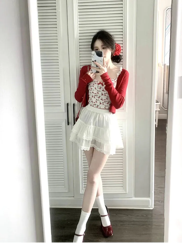 Girlary 2024 Summer Korean Fashion Suit Woman Floral Vest Red Cardigan Y2k Mini Skirt Beach Eleant 3 Piece Skirt Set Outwear Chic