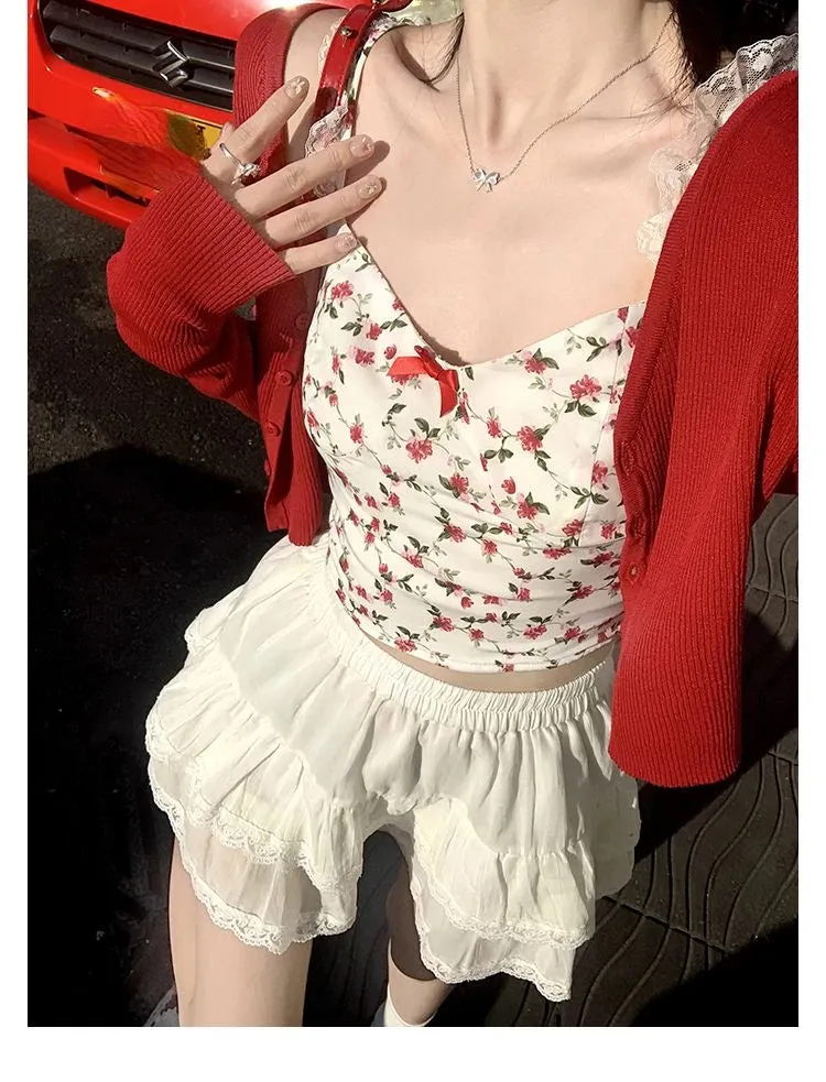 Girlary 2024 Summer Korean Fashion Suit Woman Floral Vest Red Cardigan Y2k Mini Skirt Beach Eleant 3 Piece Skirt Set Outwear Chic