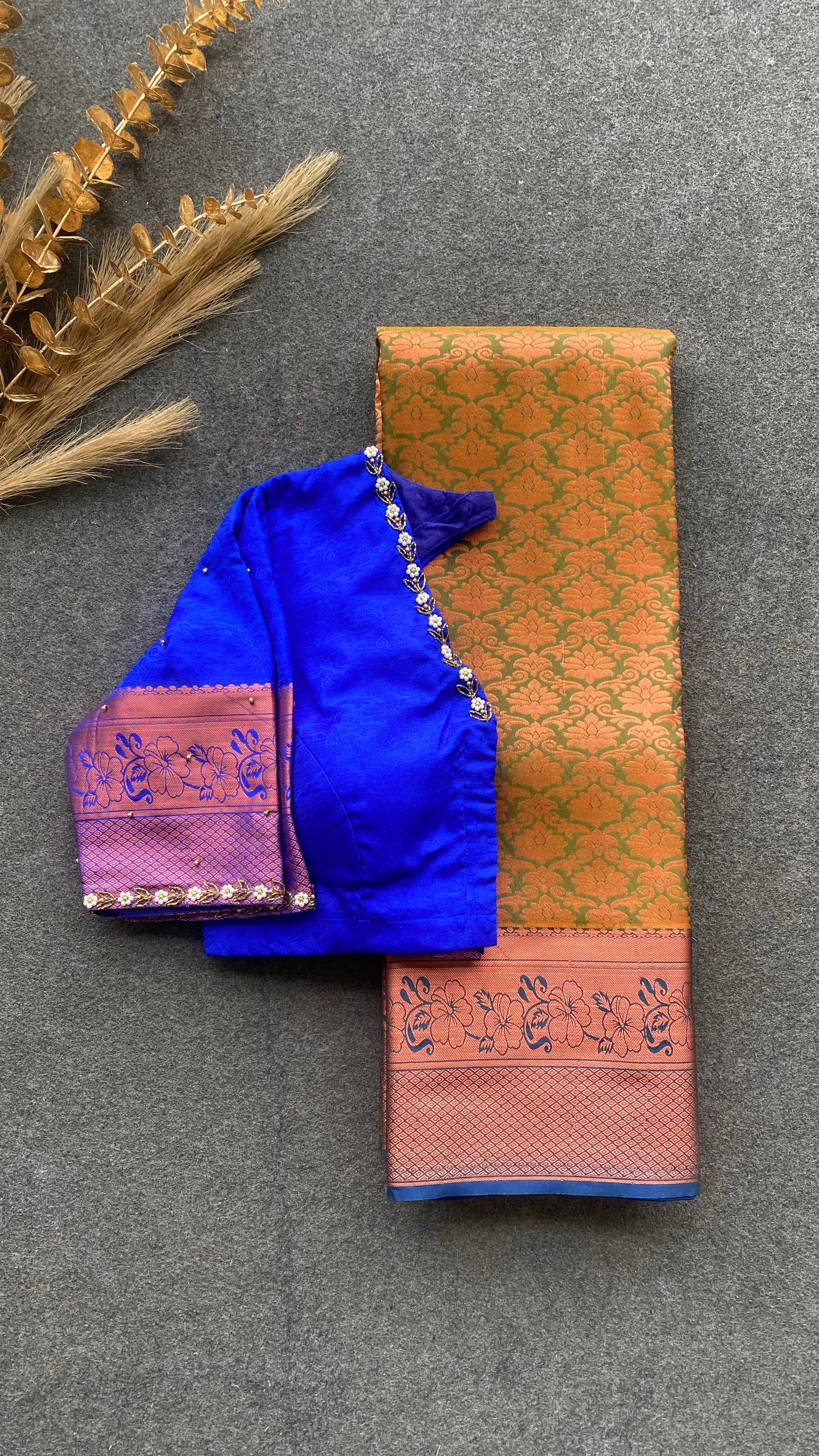 Green and blue silk saree with hand work blouse