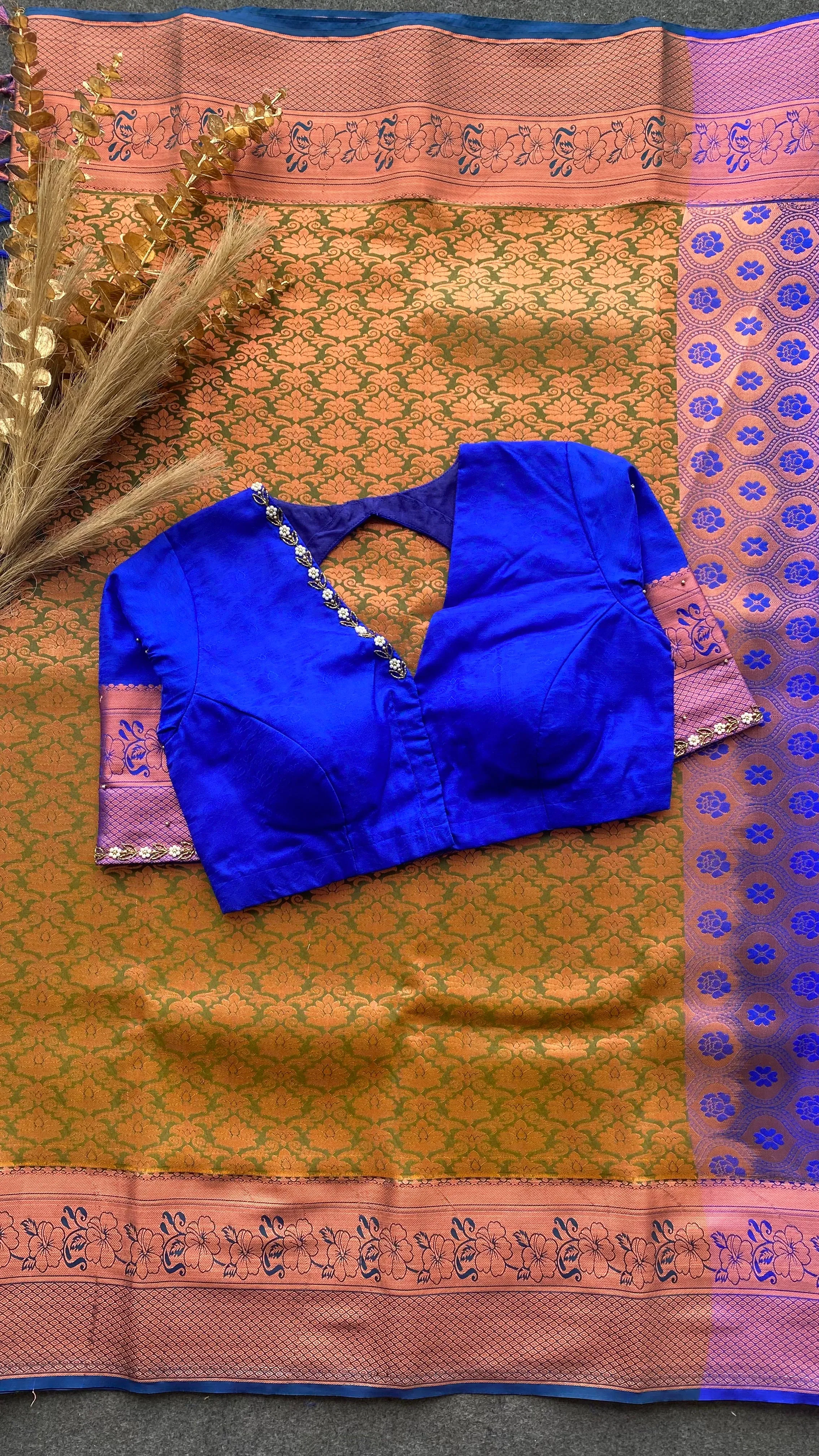 Green and blue silk saree with hand work blouse