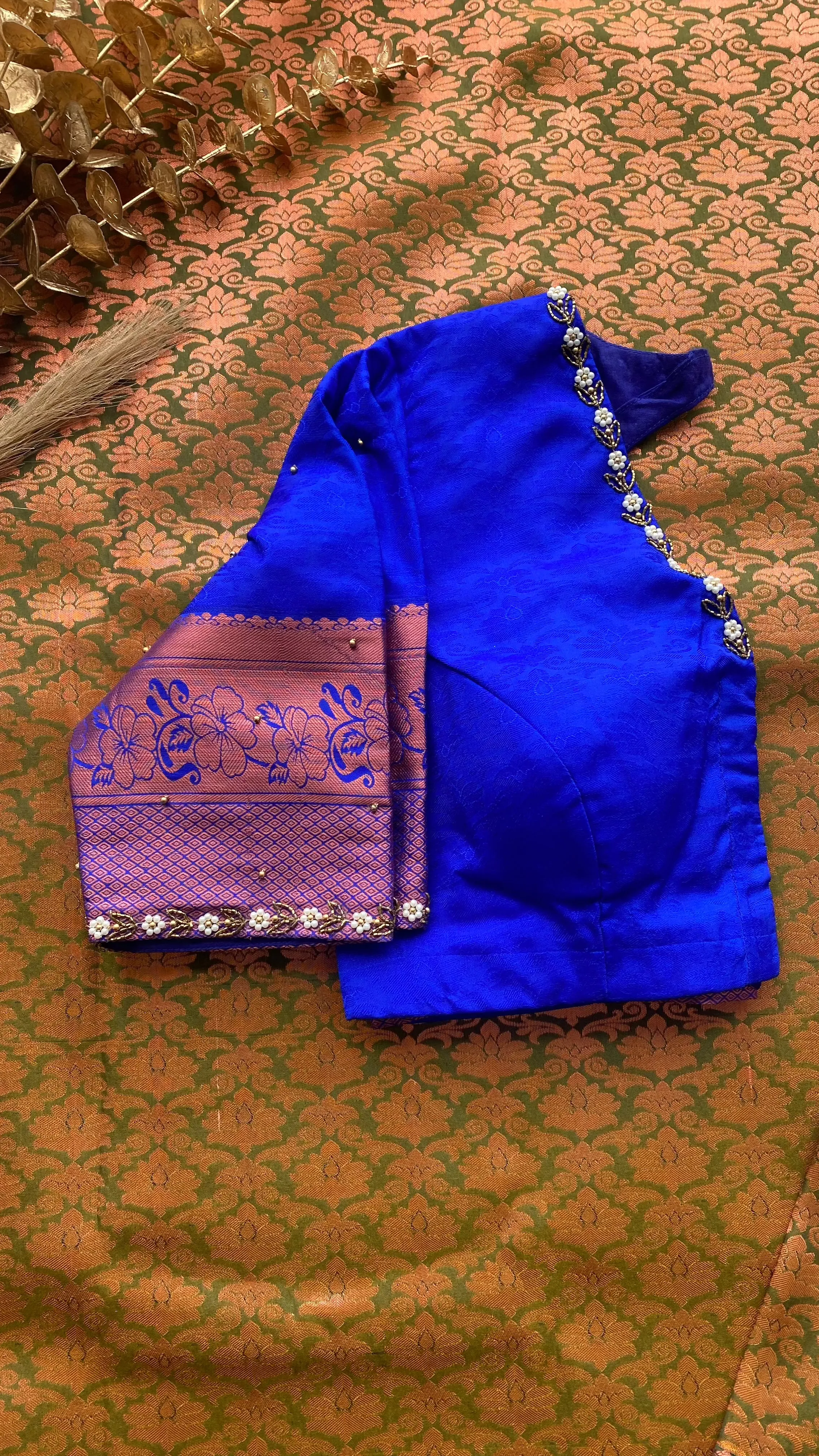 Green and blue silk saree with hand work blouse