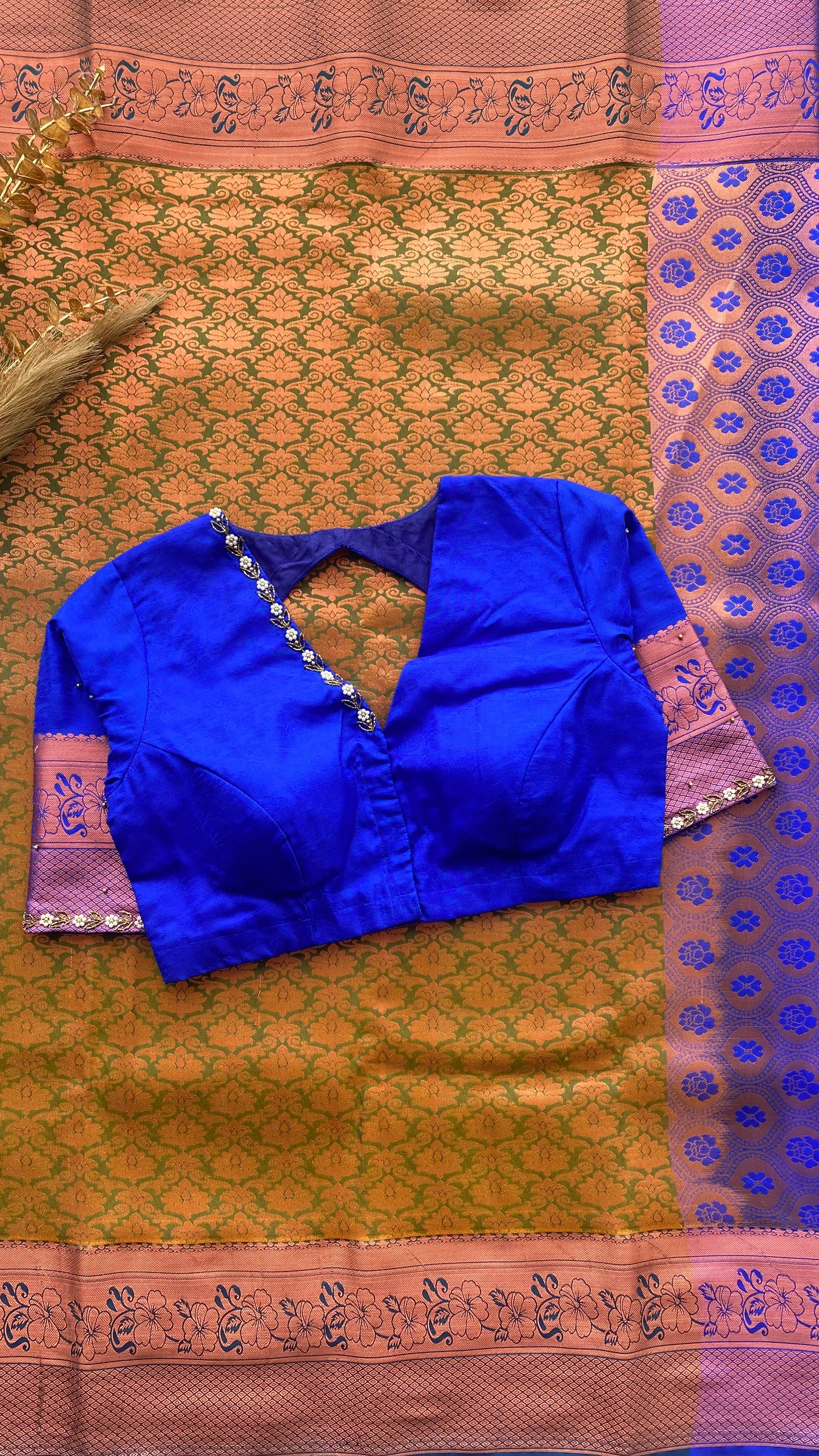 Green and blue silk saree with hand work blouse