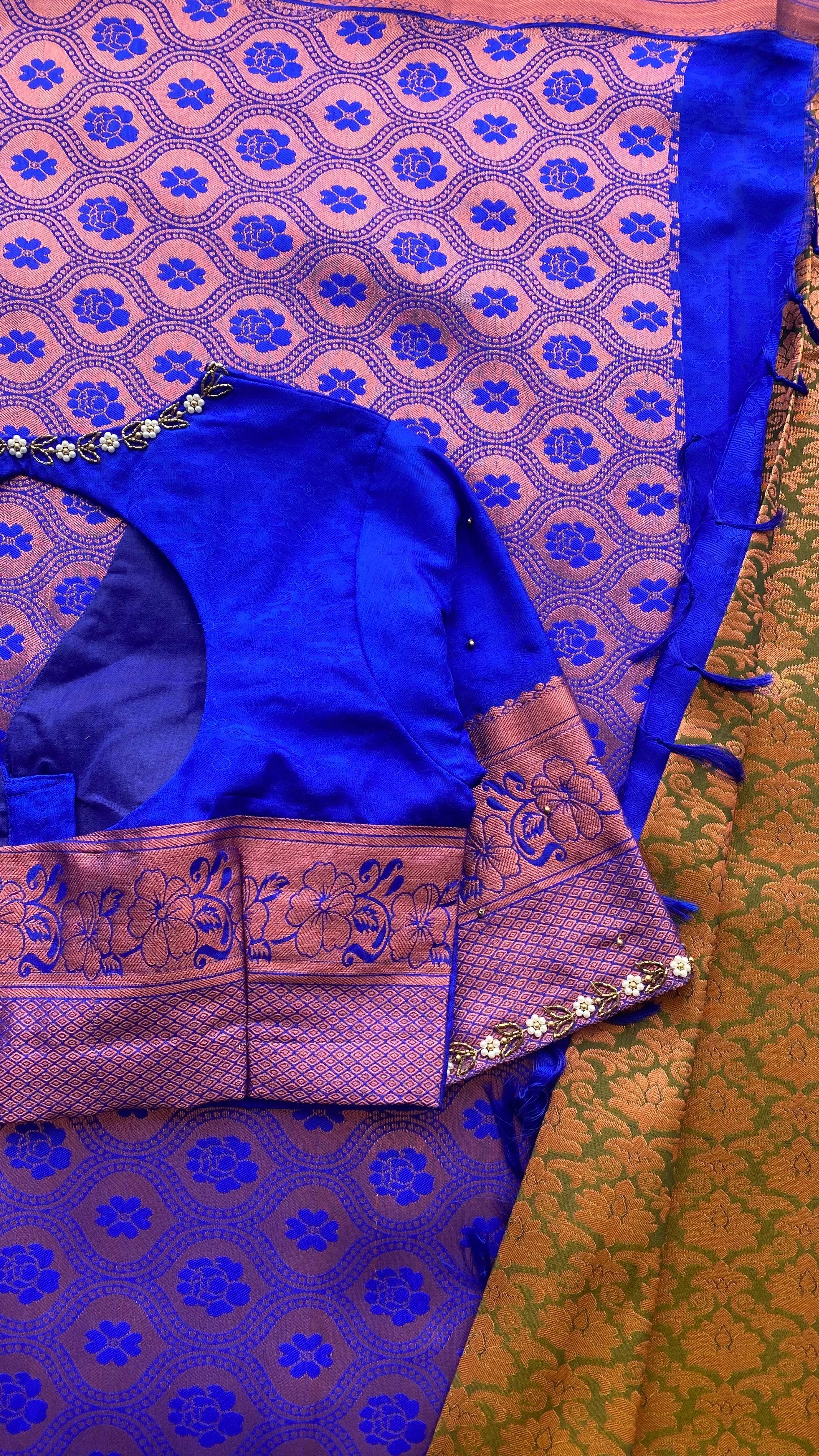 Green and blue silk saree with hand work blouse