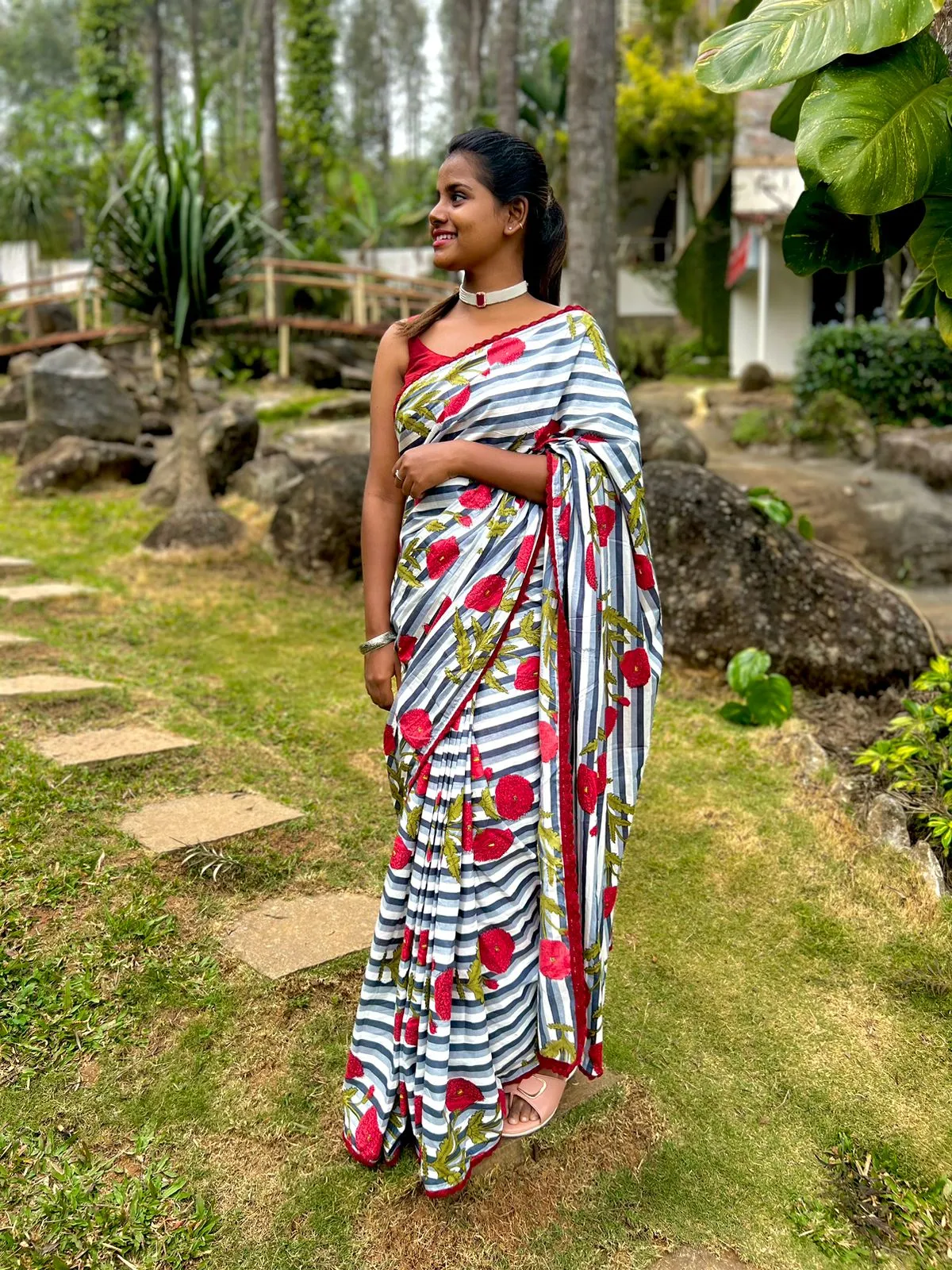 Grey & white stripe hand block printed saree with blouse