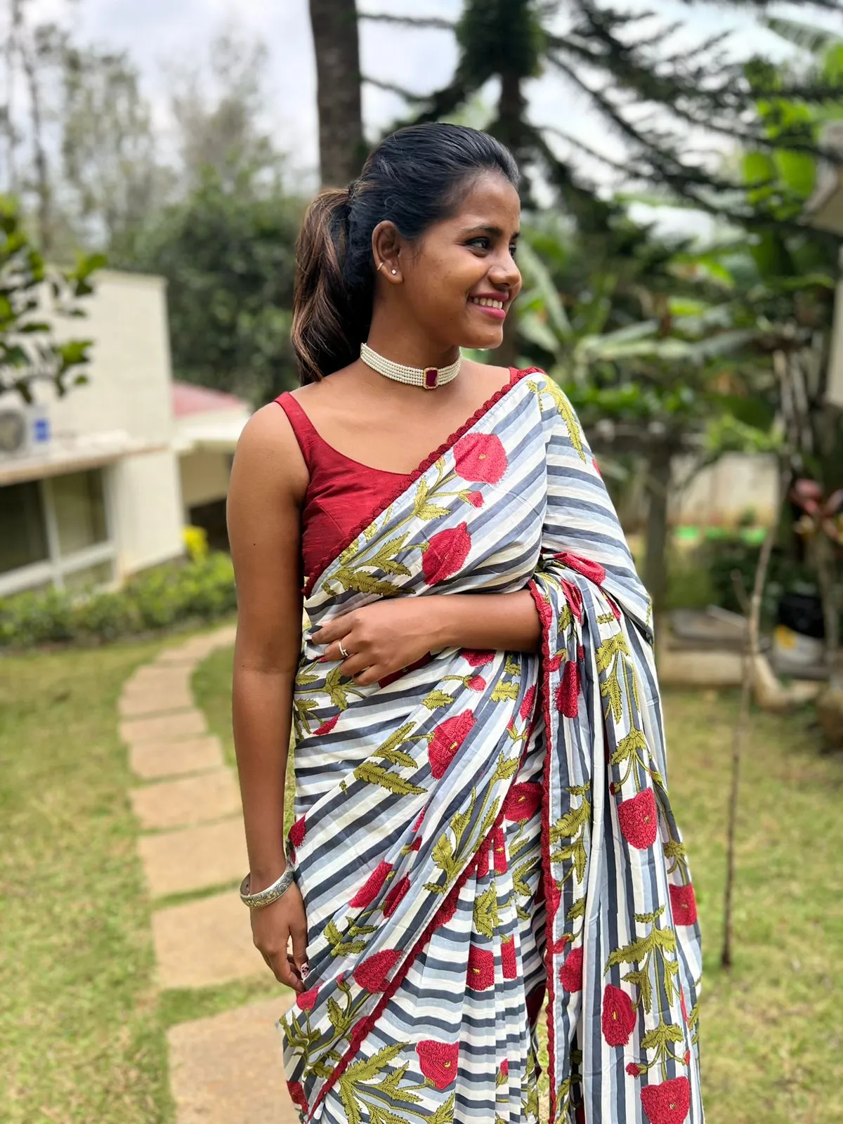 Grey & white stripe hand block printed saree with blouse