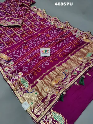 KcPc Pure Gaji silk Bandhani Gharchola Gota patti Work saree With Blouse,AMT