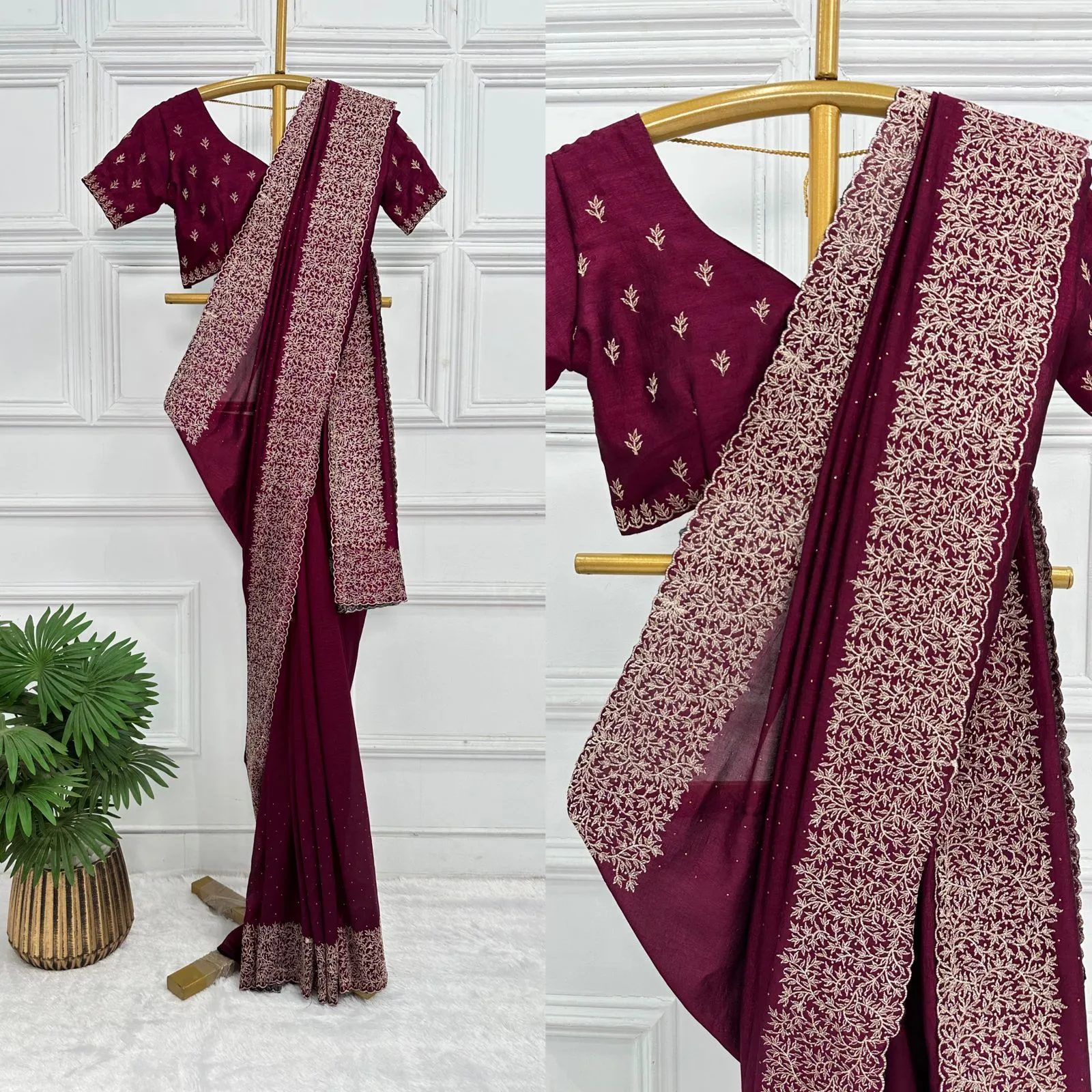 Latest heavy blooming vichitra silk with embroidery and diamond work HM Wine