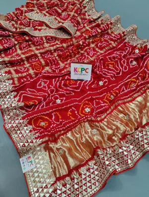 Latest New Pure Gaji Silk Bandhani Ghatchola Gota Patti Work Saree with Blouse , AMT