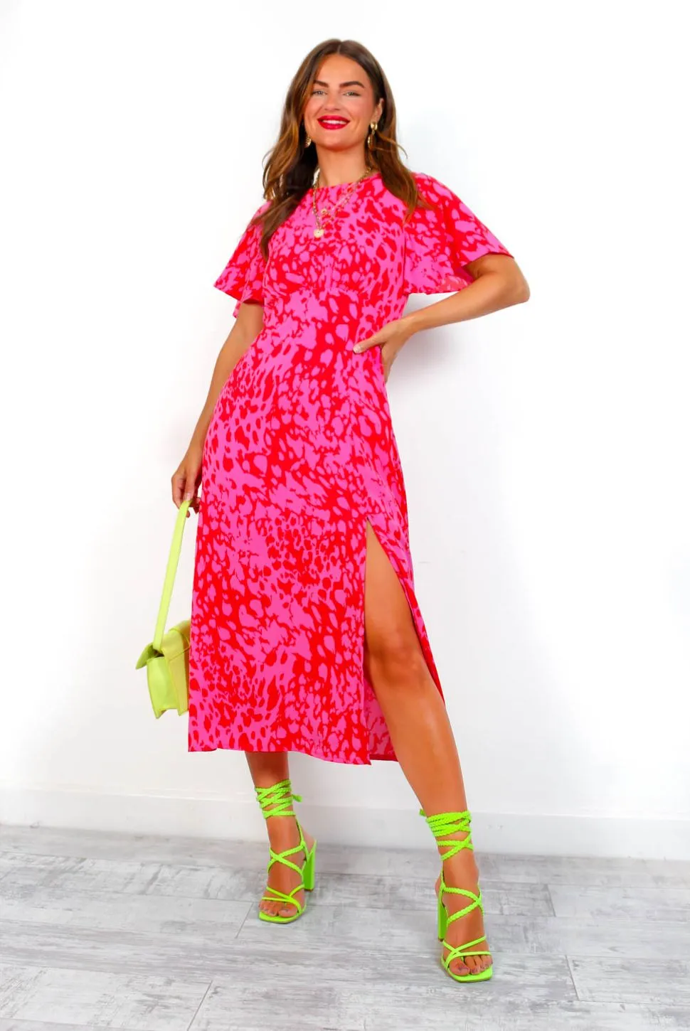 Lets Split - Red Pink Animal Midi Dress