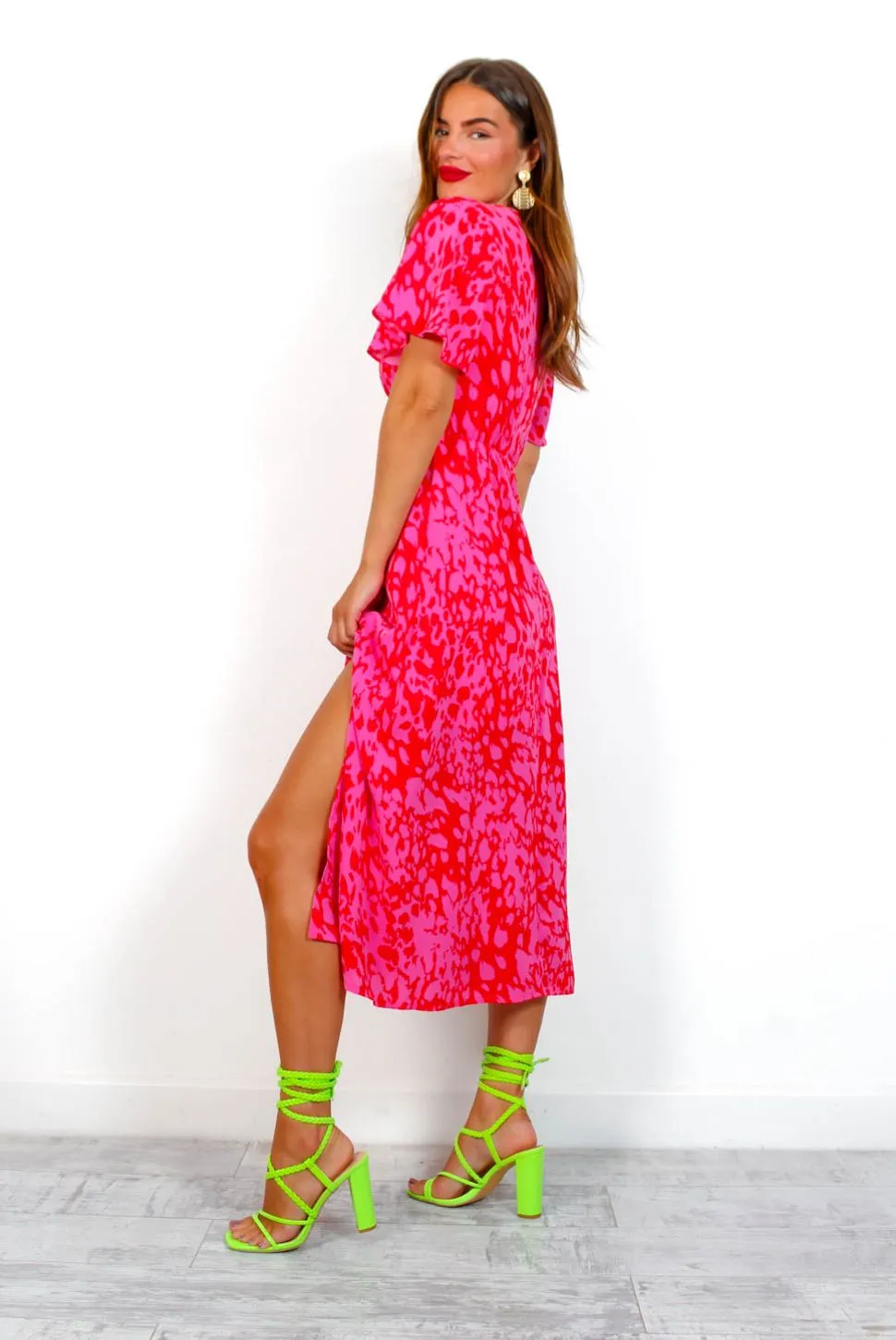 Lets Split - Red Pink Animal Midi Dress