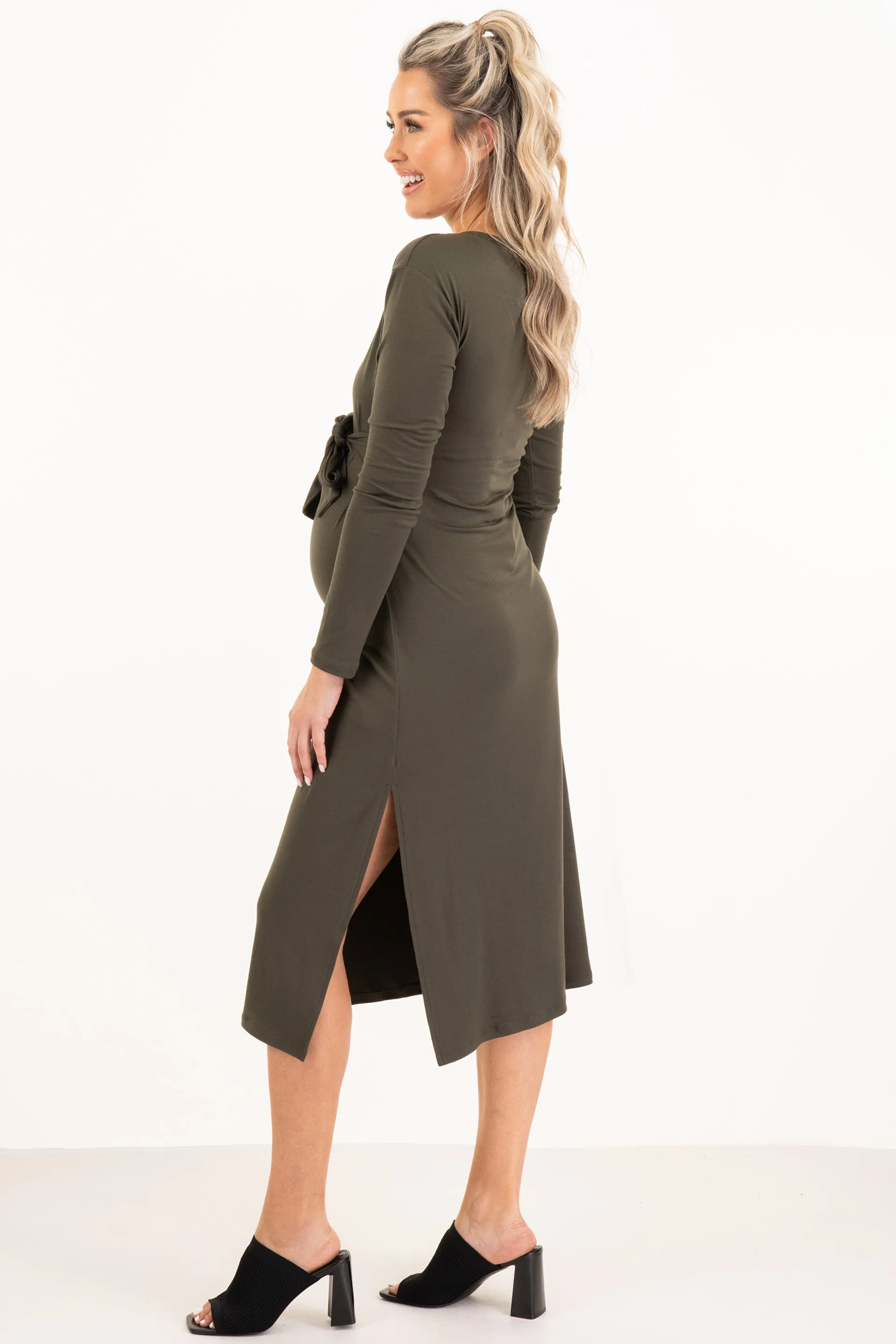 Long Sleeve Dress With Side Slit And Adjustable Belt