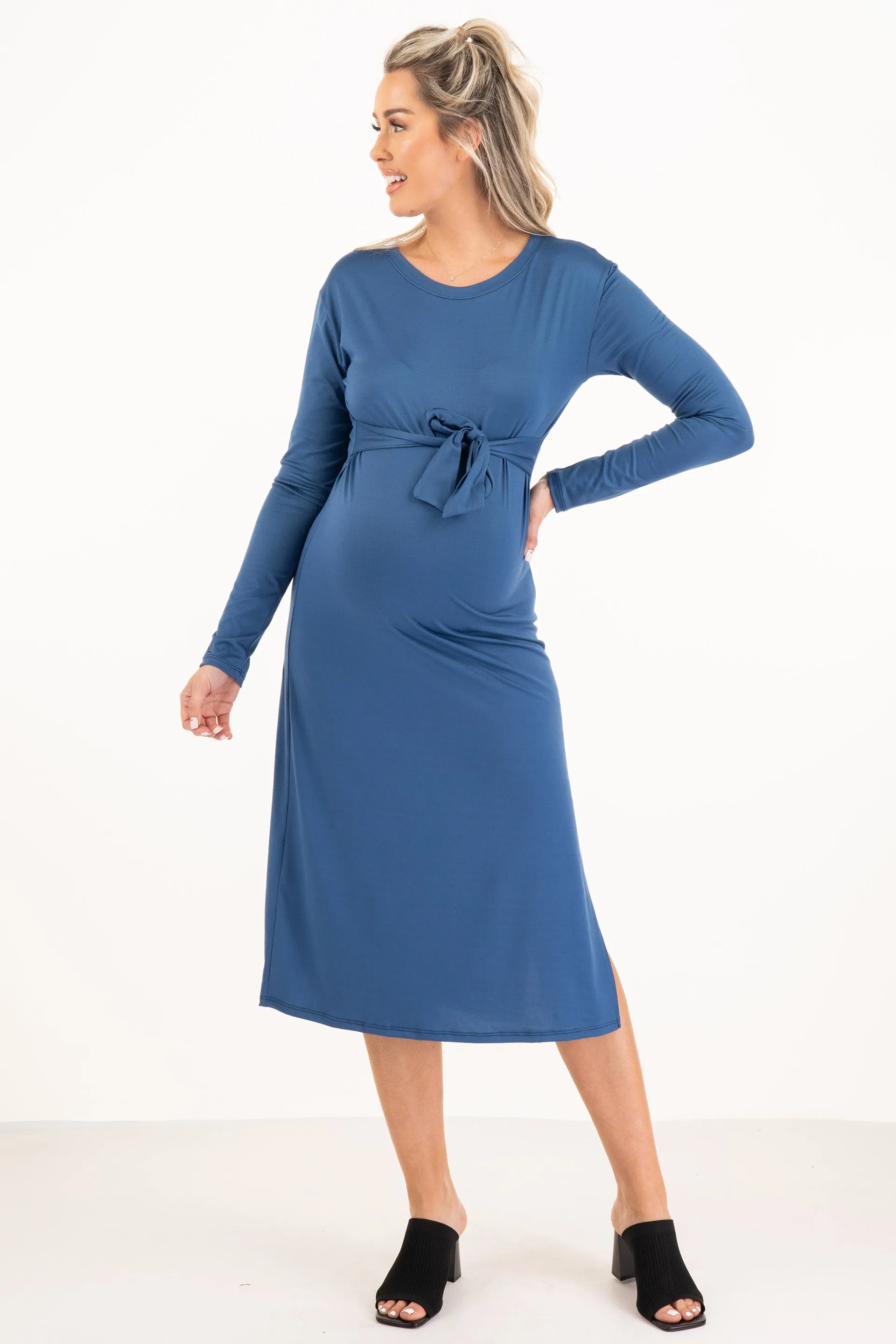 Long Sleeve Dress With Side Slit And Adjustable Belt