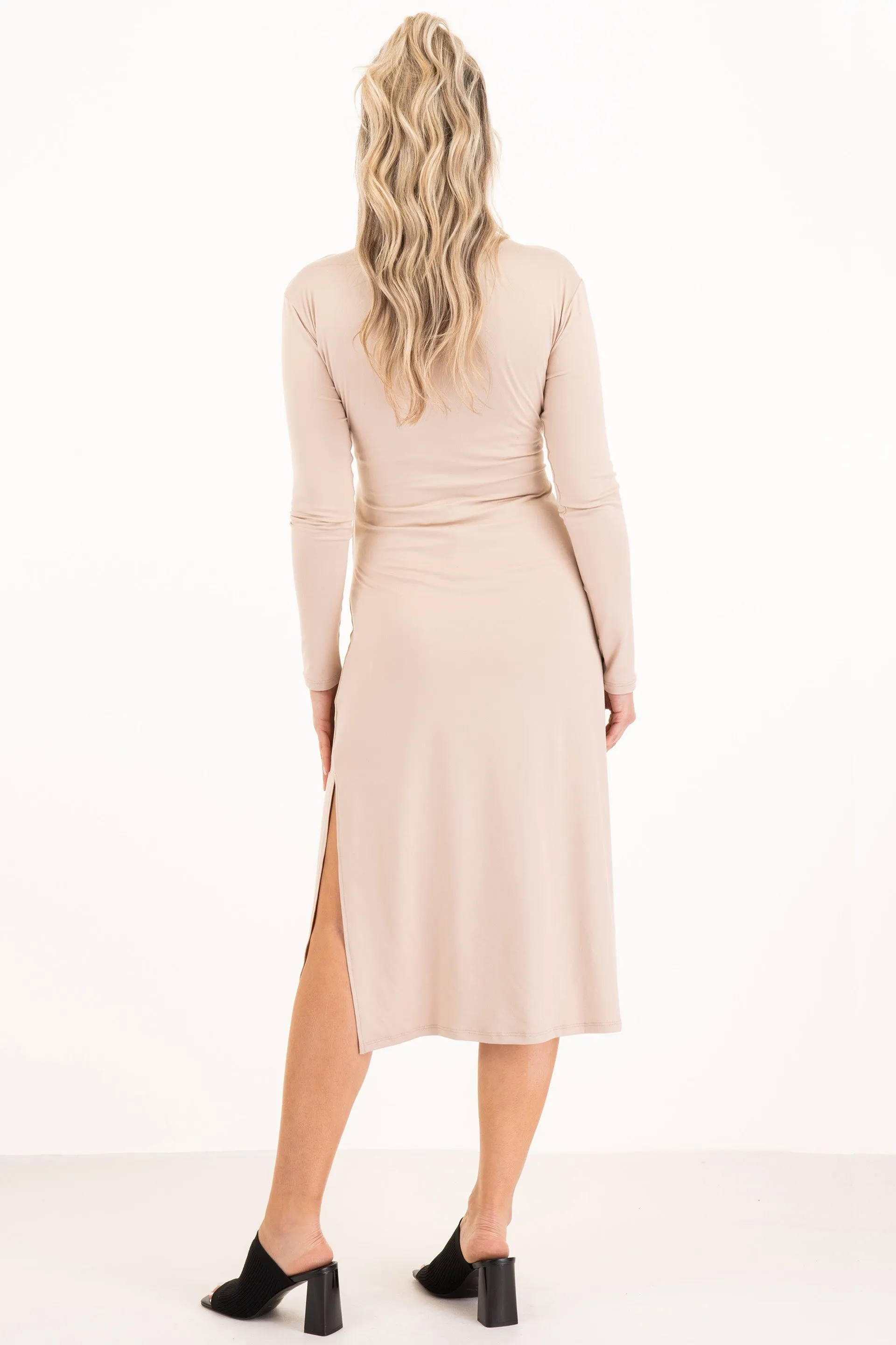 Long Sleeve Dress With Side Slit And Adjustable Belt