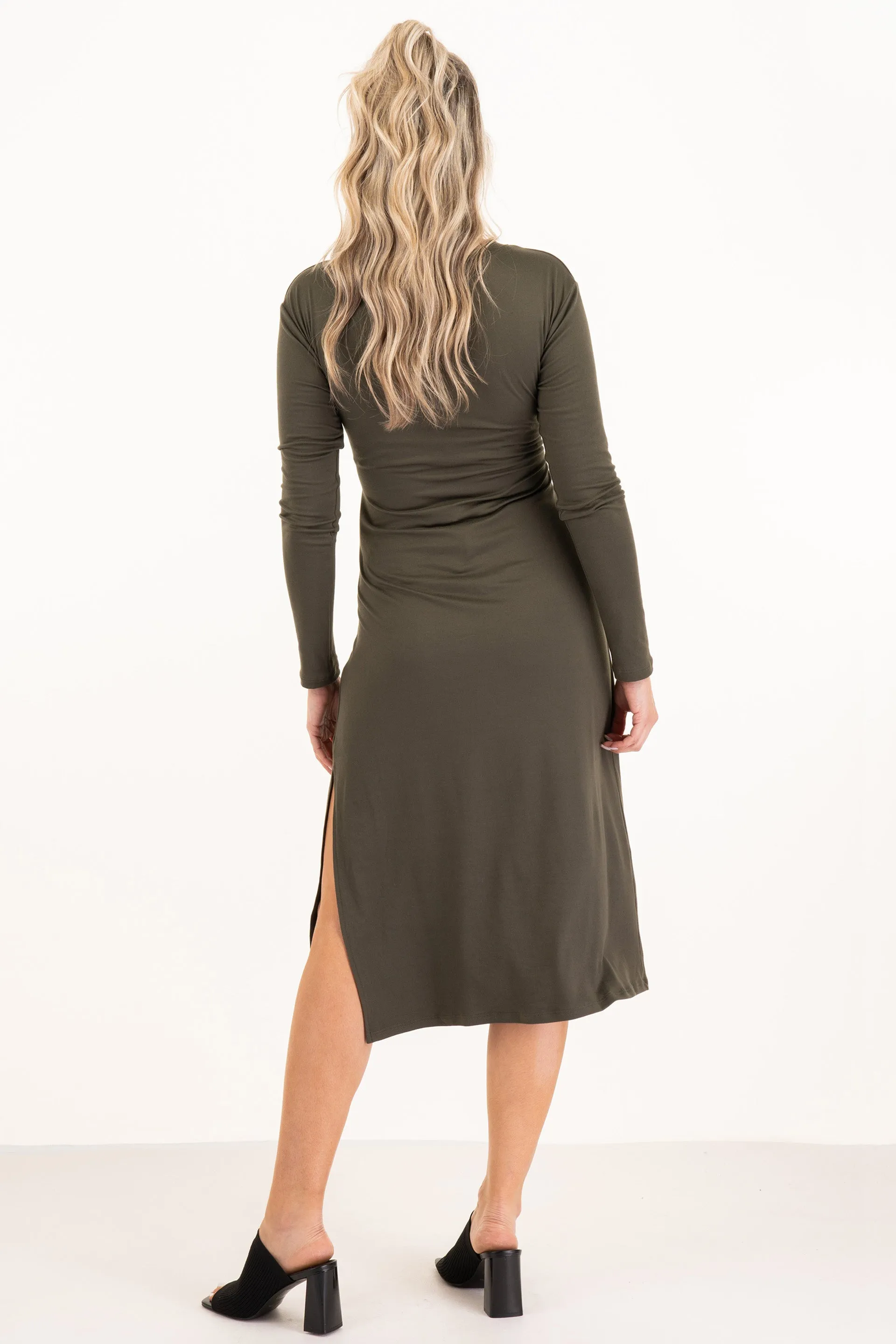 Long Sleeve Dress With Side Slit And Adjustable Belt