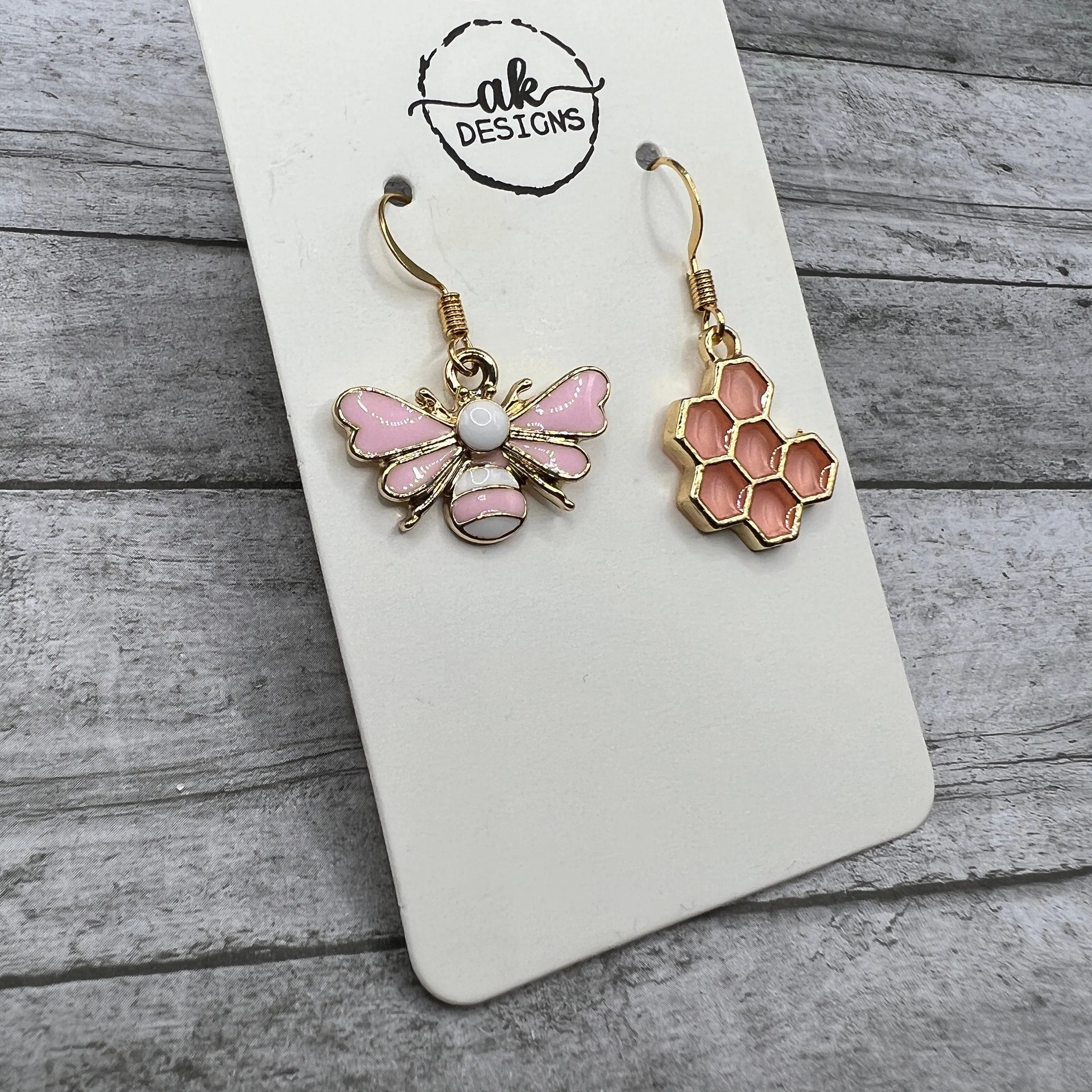 Mismatched Pink Bee Honeycomb  Earrings Resin Enamel - Clearance