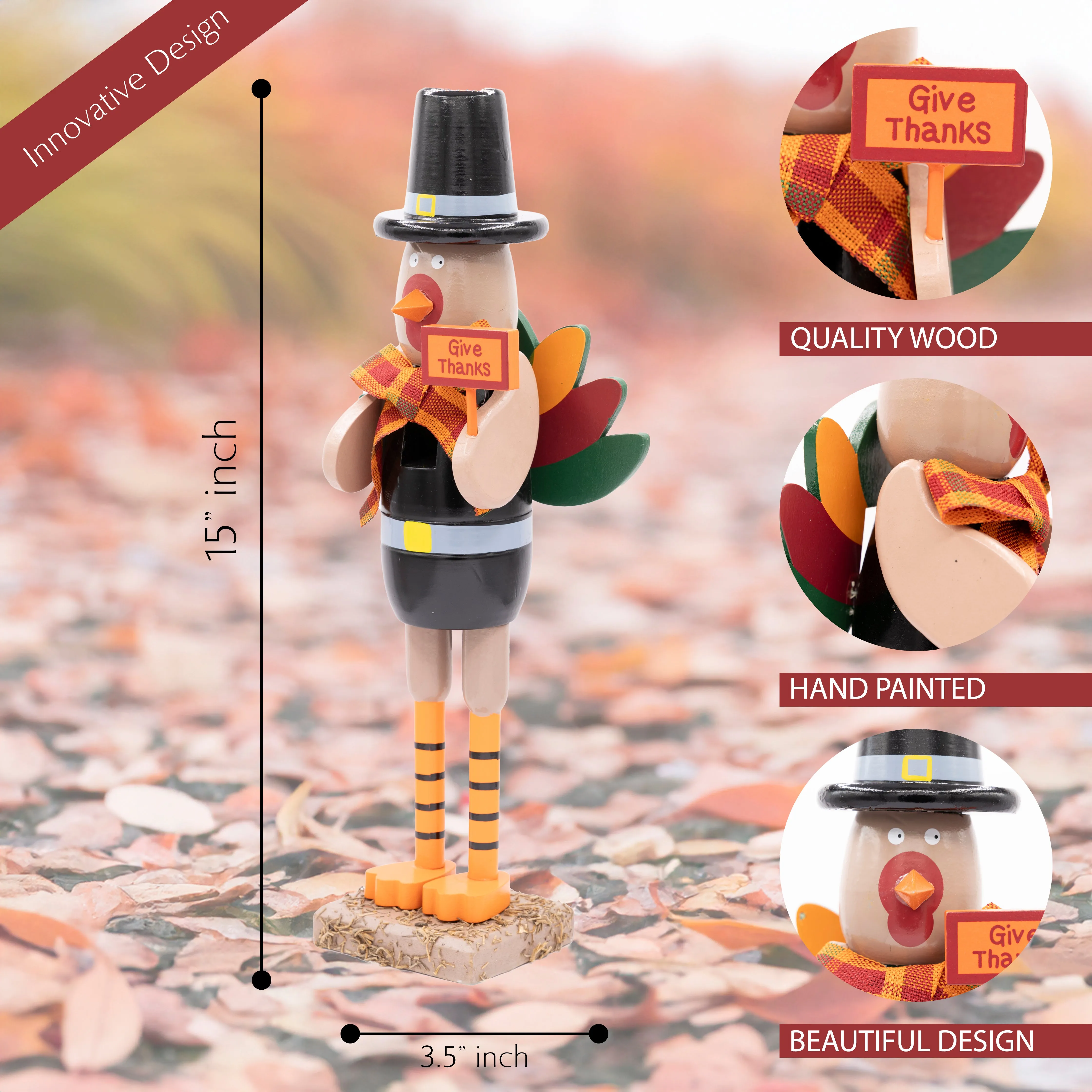 Ornativity Thanksgiving Fall Turkey Nutcracker – Green and Orange Wooden Turkey Nutcracker Holiday Christmas Nut Cracker Doll Figure Home Table Decorations