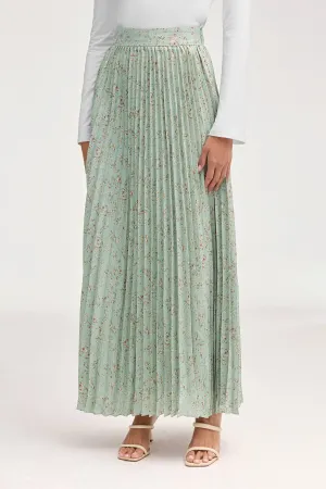 Pleated Floral Maxi Skirt - Sage