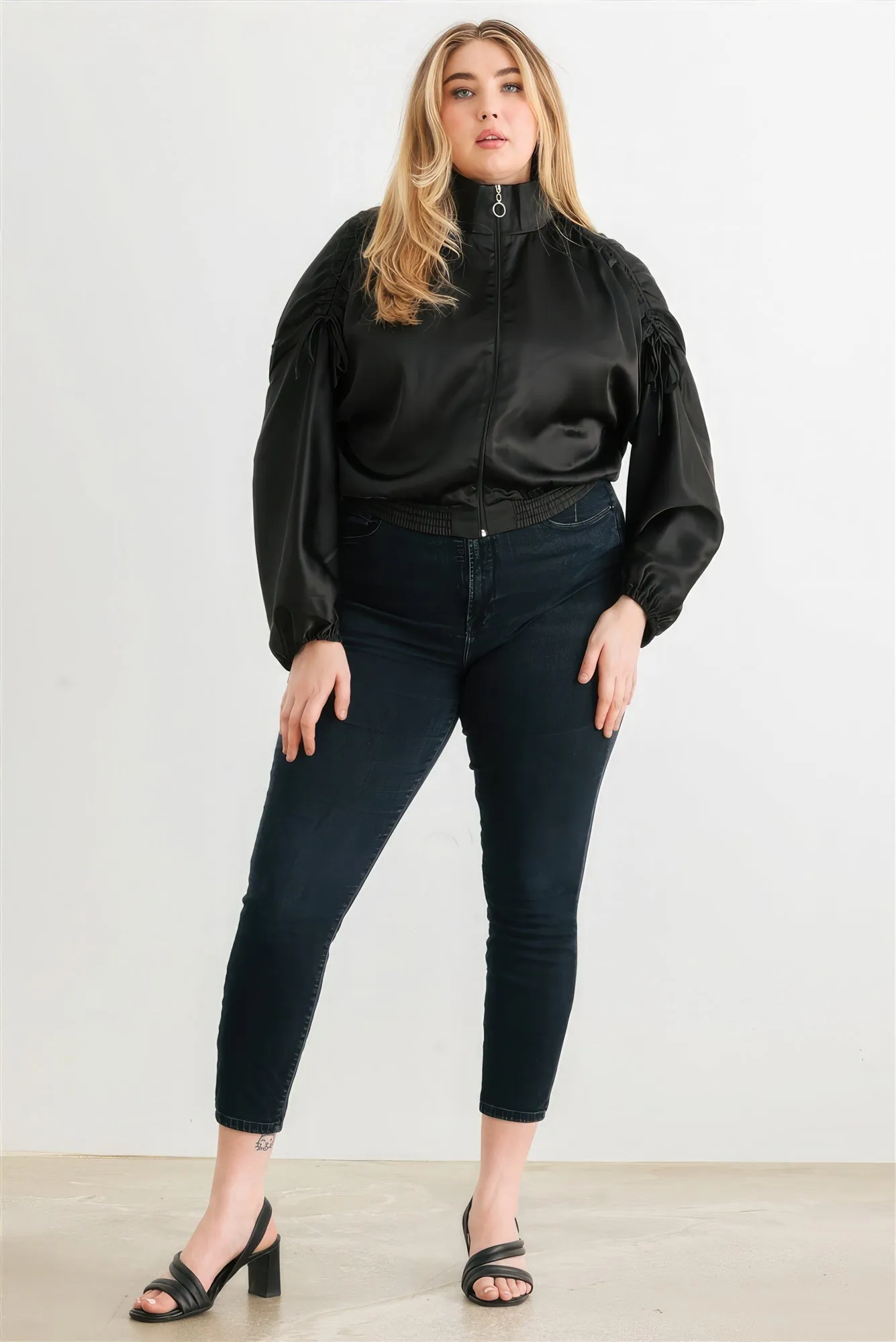 Plus Size Satin Ruched Bomber Jacket