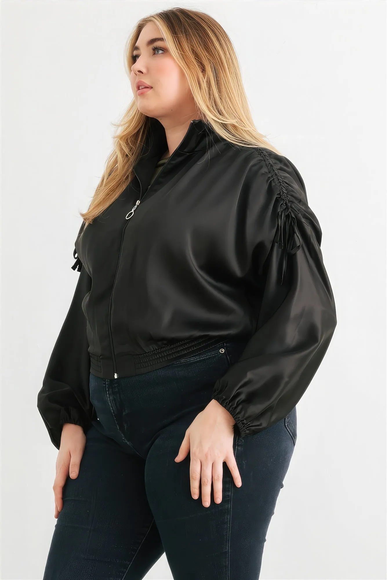 Plus Size Satin Ruched Bomber Jacket