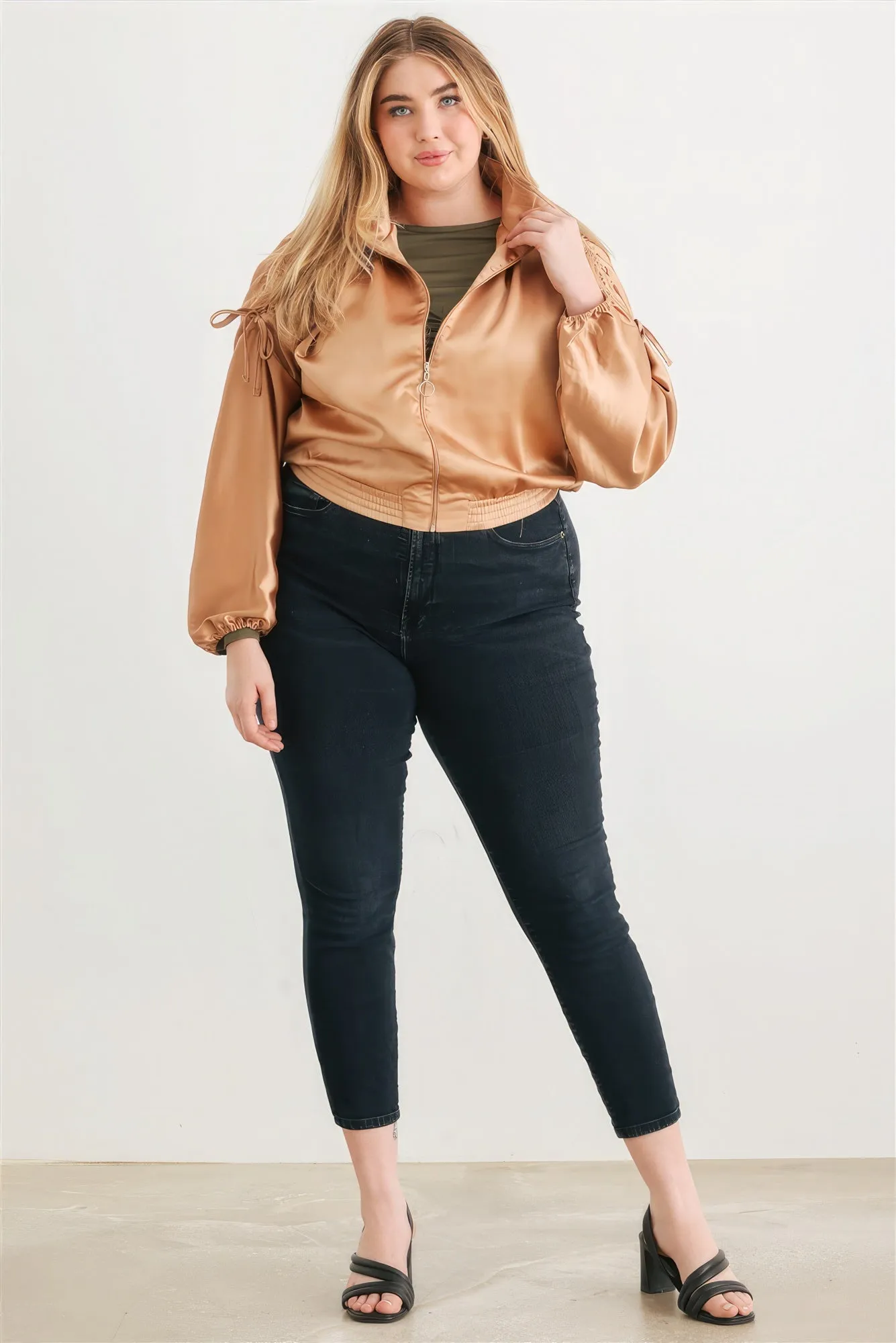 Plus Size Satin Ruched Bomber Jacket