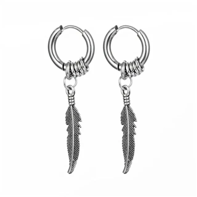 Punk Vintage Design Leaf Hoop Earrings For Women Men Jewelry Accessories Black Stainless Feather Earring Brincos