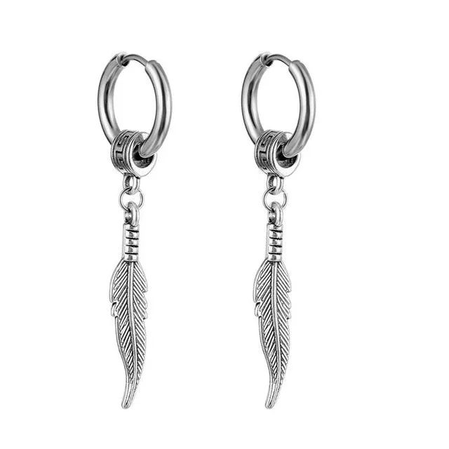 Punk Vintage Design Leaf Hoop Earrings For Women Men Jewelry Accessories Black Stainless Feather Earring Brincos