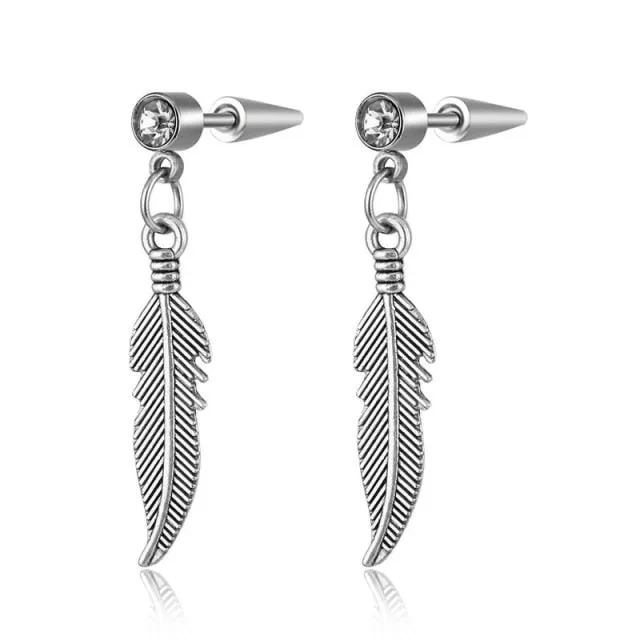 Punk Vintage Design Leaf Hoop Earrings For Women Men Jewelry Accessories Black Stainless Feather Earring Brincos