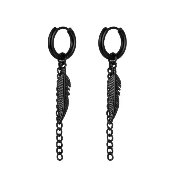 Punk Vintage Design Leaf Hoop Earrings For Women Men Jewelry Accessories Black Stainless Feather Earring Brincos