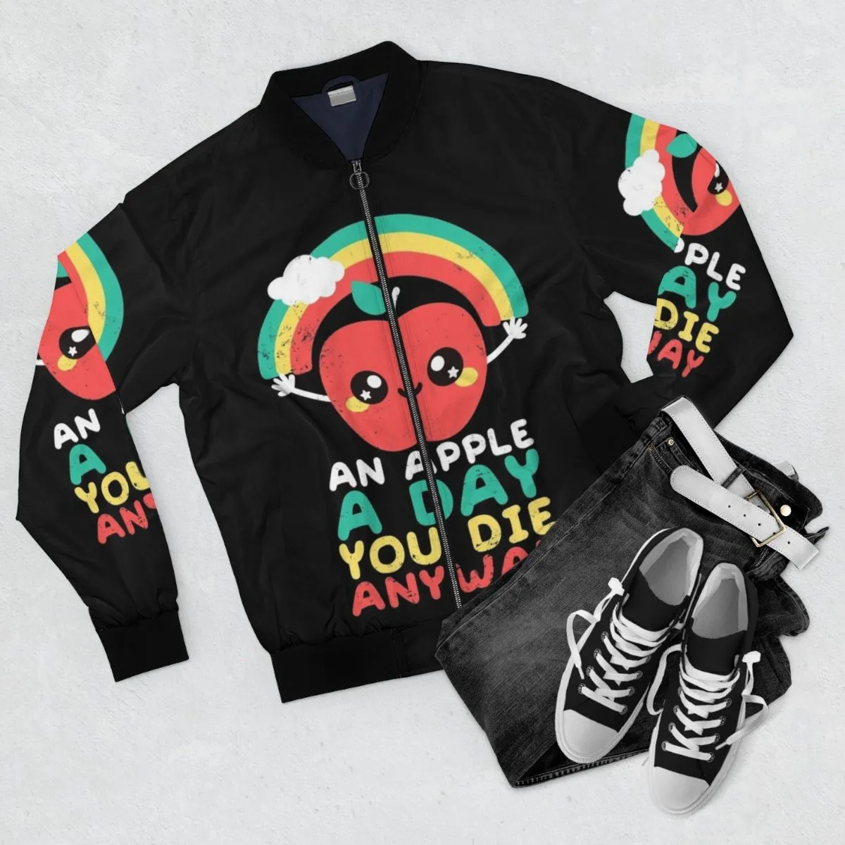 "An Apple a Day, You Die Anyway" Dark Humor Bomber Jacket