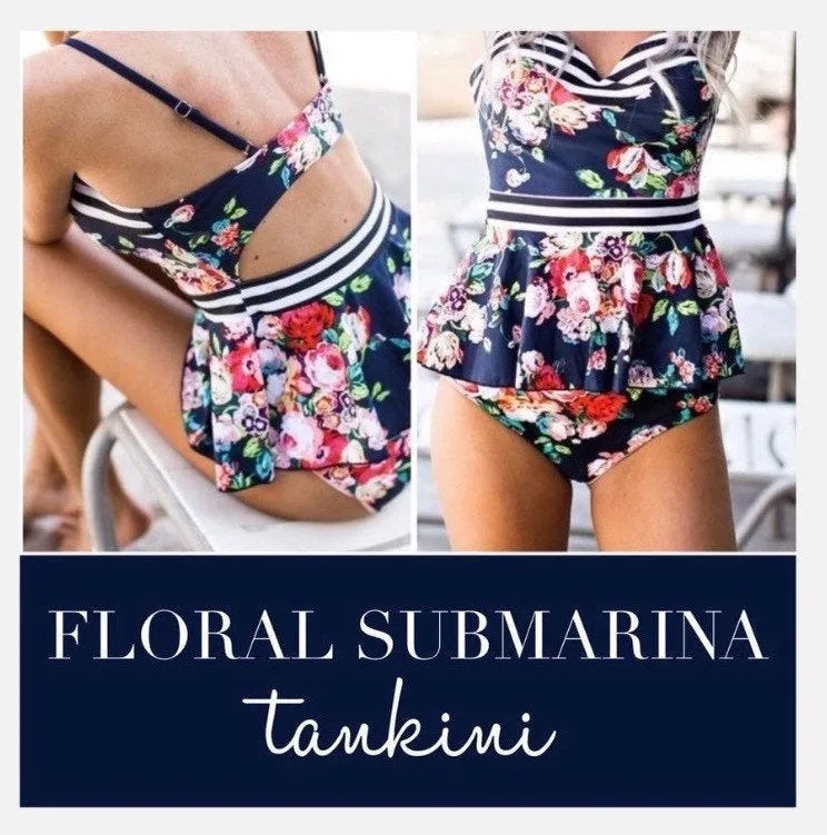 S-3XL  Floral SubMarina TANKINI swimsuit two-piece beautiful blue red floral stripes best seller 2021