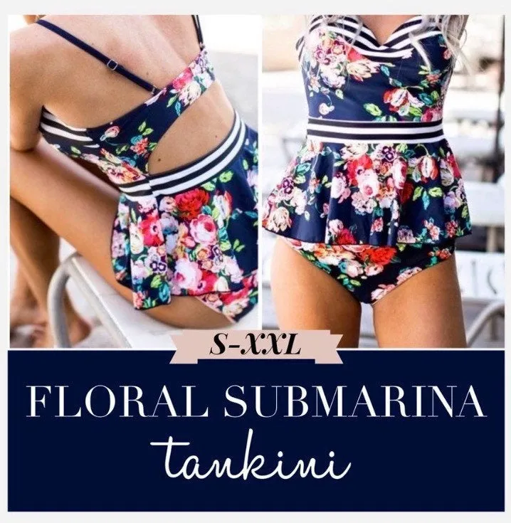 S-3XL  Floral SubMarina TANKINI swimsuit two-piece beautiful blue red floral stripes best seller 2021