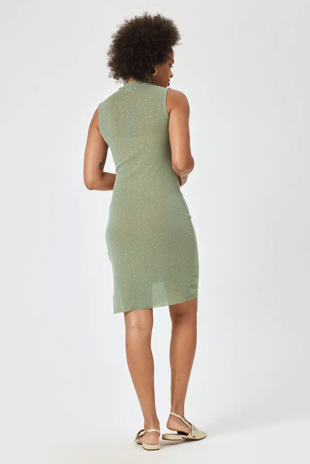 Sage Sleeveless Sliver Gem Body-con Sheer Mesh Dress