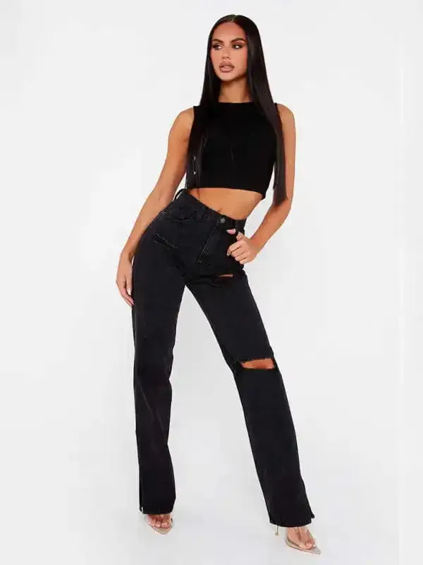 Straight-leg mopping trousers ripped ankle slit flared jeans