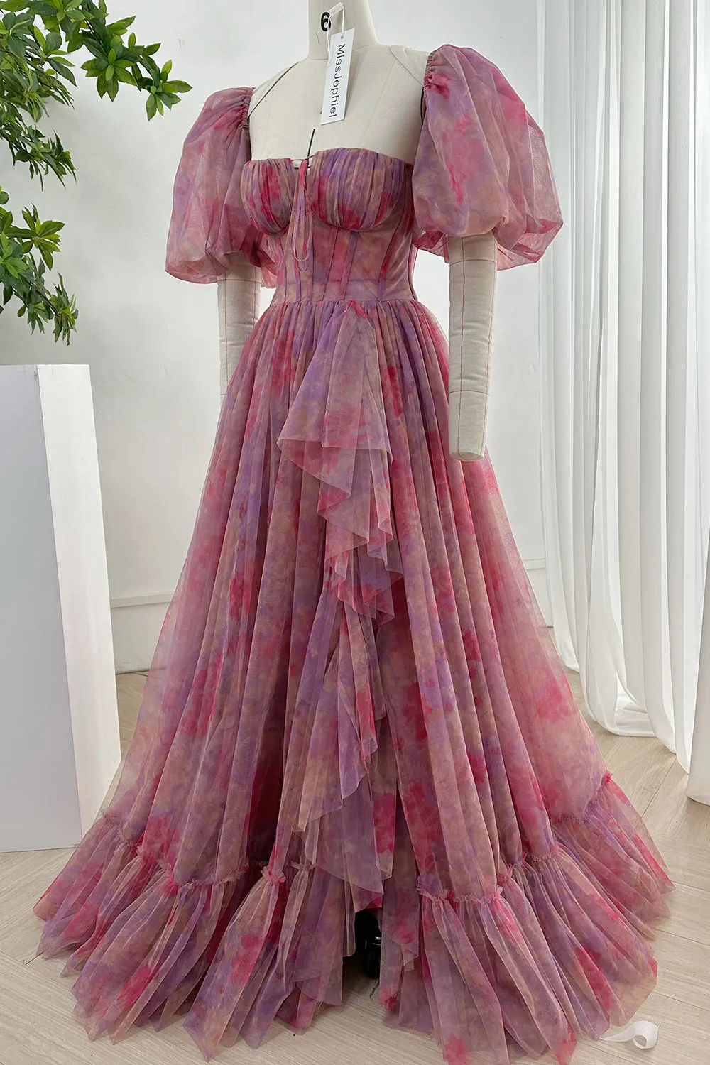 Strapless Floral Tulle Long Dress with Removable Puff Sleeves