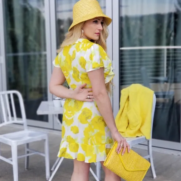 Sun Drenched Yellow Floral Wrap Mini Dress