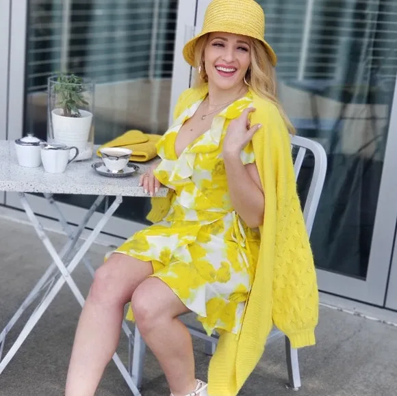 Sun Drenched Yellow Floral Wrap Mini Dress