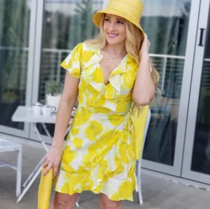 Sun Drenched Yellow Floral Wrap Mini Dress