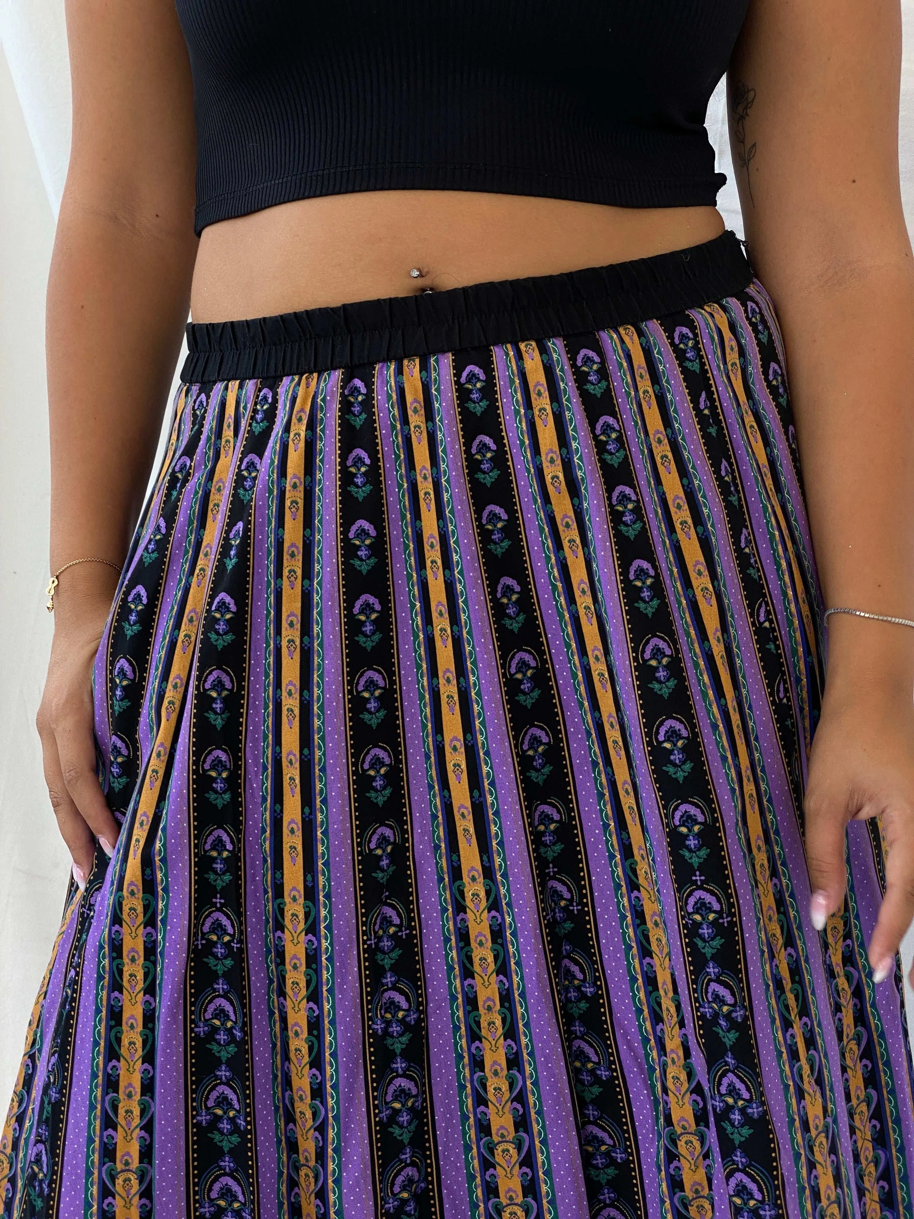 Vintage Angelika Moden Striped German-Folk Black and Purple Midi Cotton Skirt - L