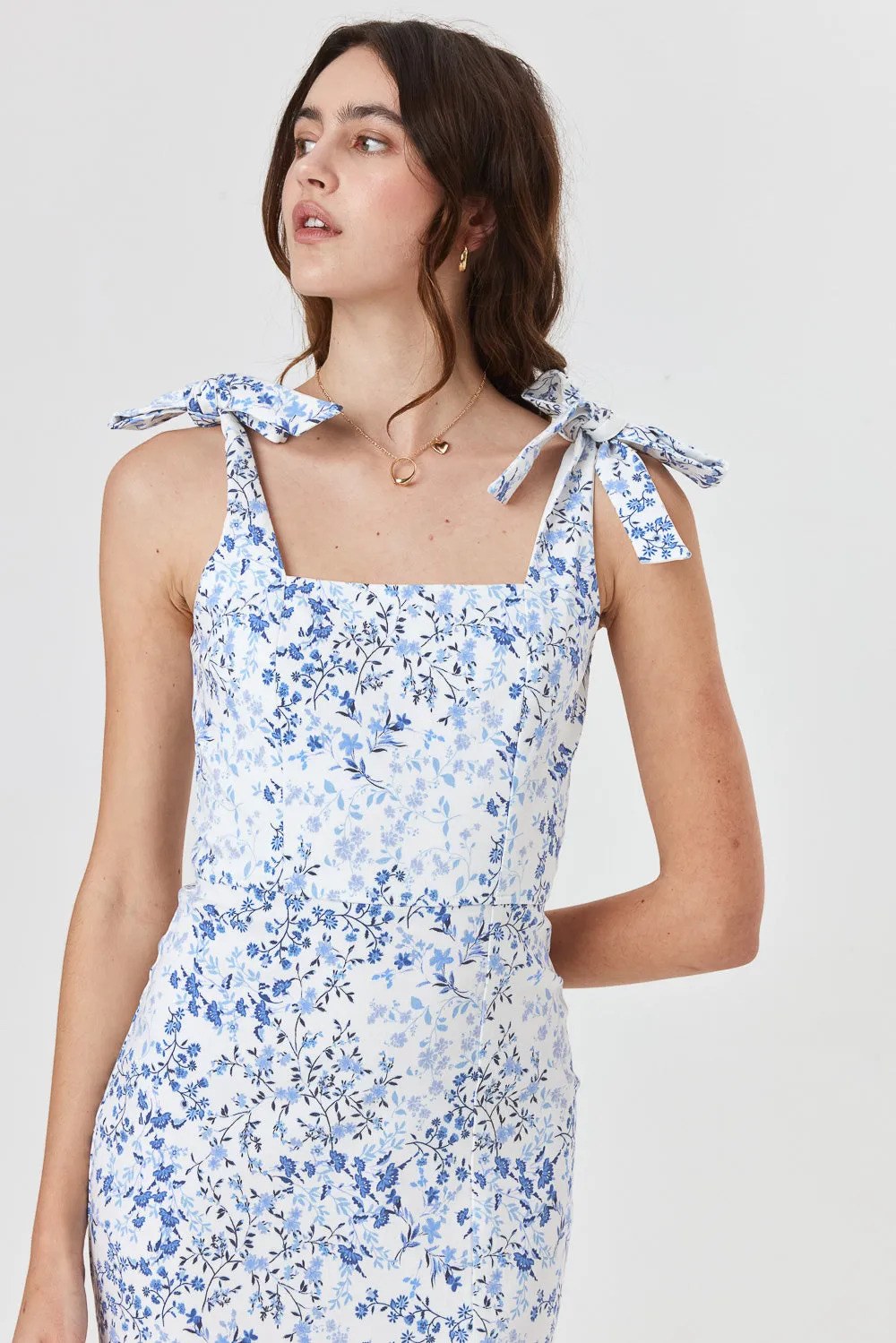 White Blue Floral Slim Midi Dress