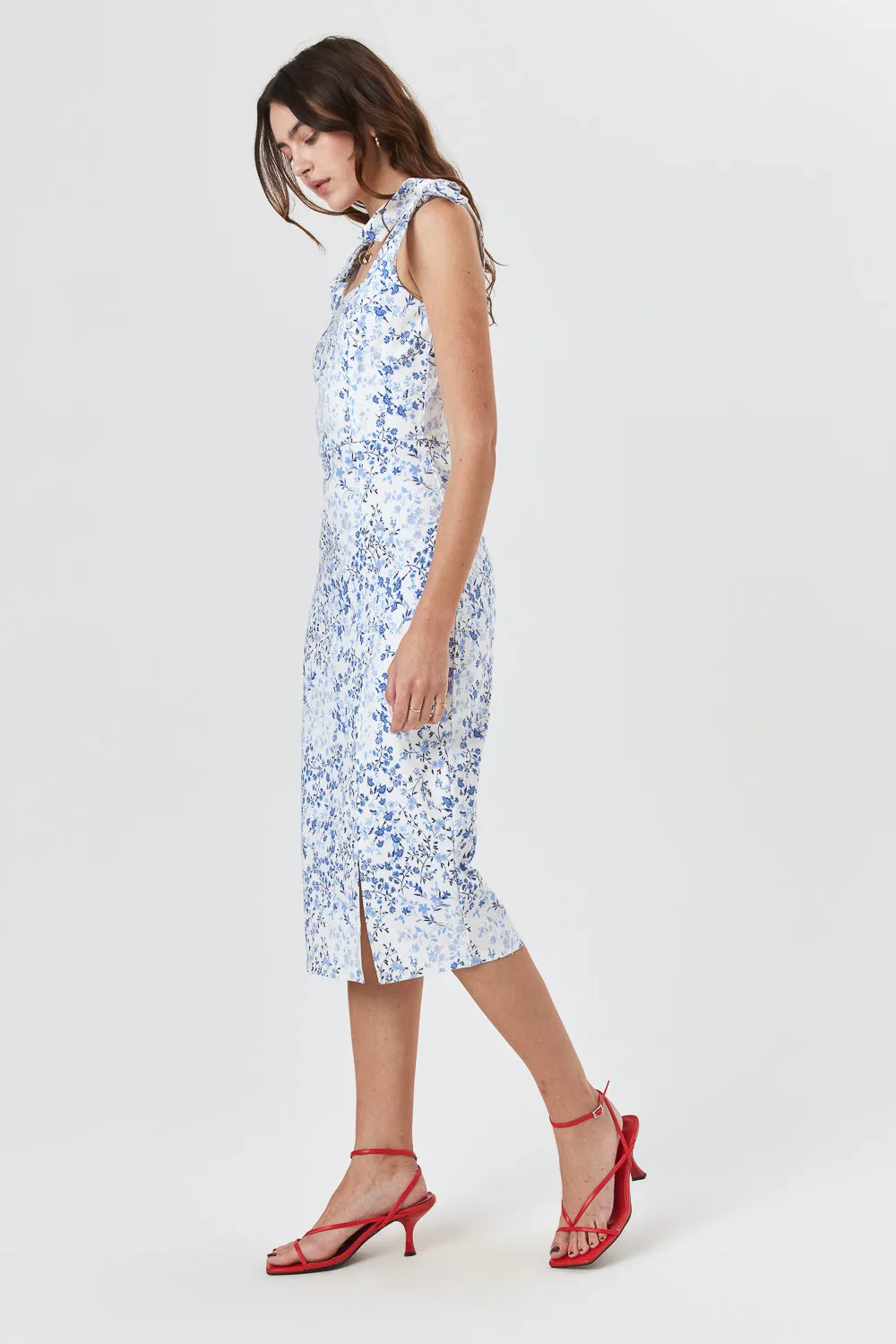 White Blue Floral Slim Midi Dress