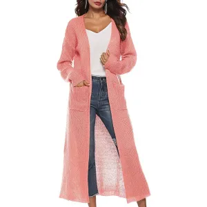 Womens Casual Long Sleeve Split Open Cardigan Knit Long Cardigan Sweaters with Pockets