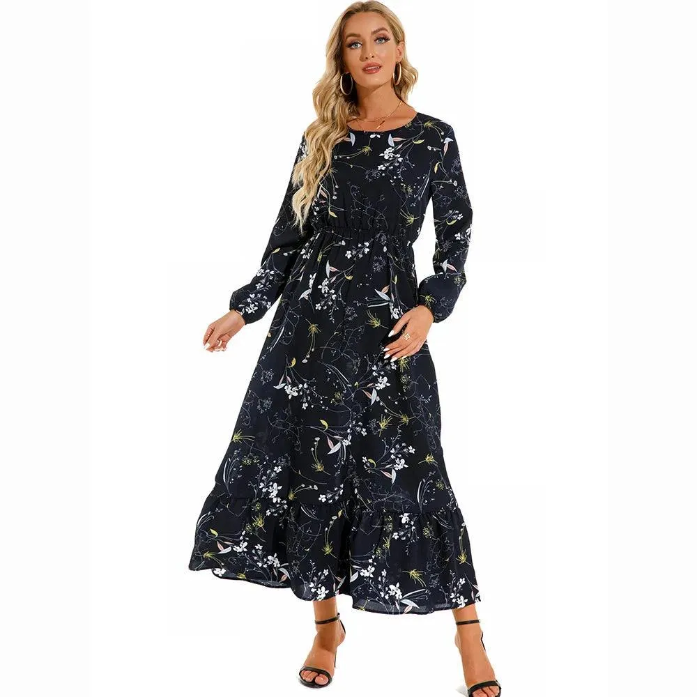 Women's Floral Printed Preppy Casual Elegant Dress | Long Sleeves Ruffle Flowy Soft Temperament