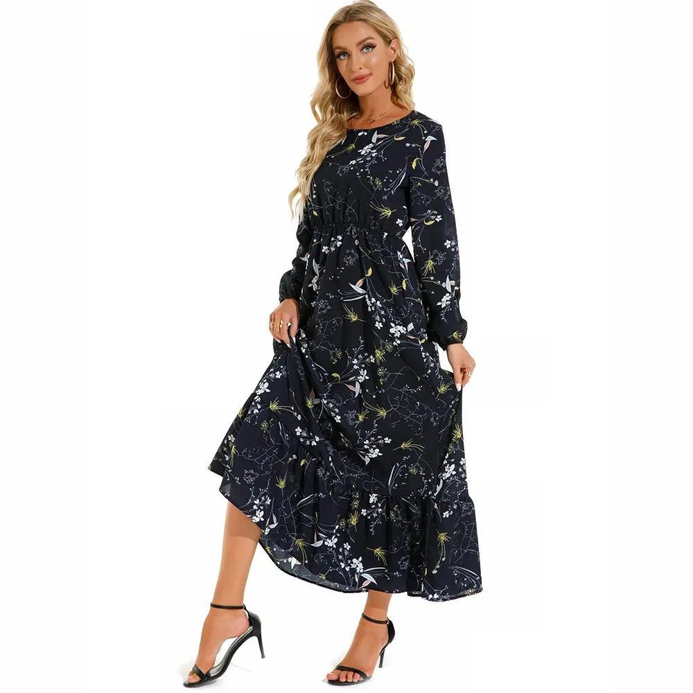 Women's Floral Printed Preppy Casual Elegant Dress | Long Sleeves Ruffle Flowy Soft Temperament