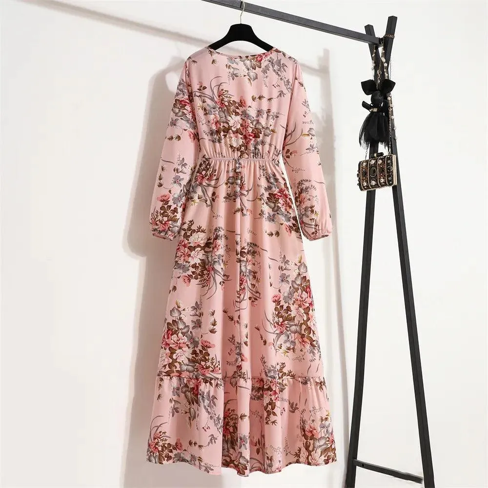 Women's Floral Printed Preppy Casual Elegant Dress | Long Sleeves Ruffle Flowy Soft Temperament