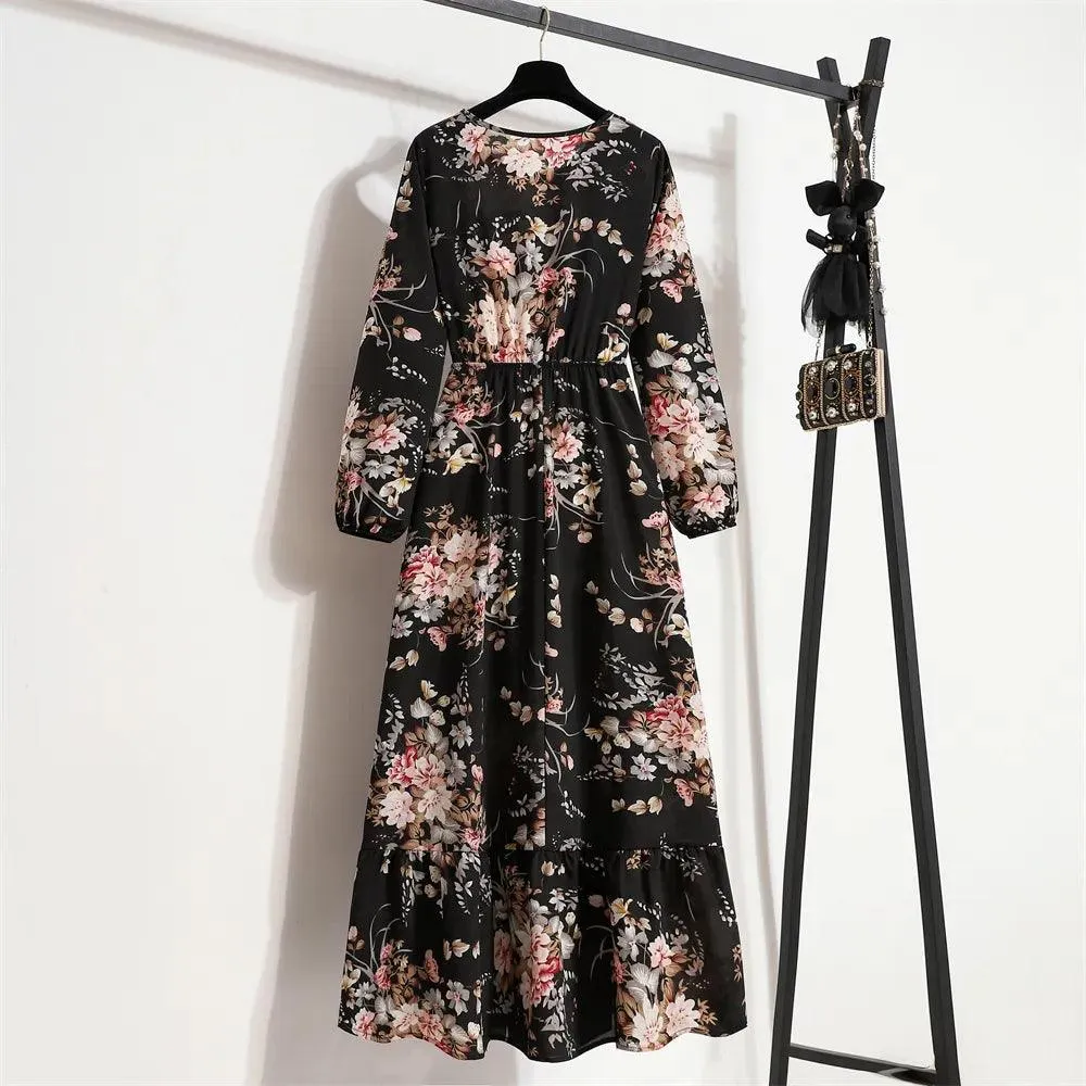 Women's Floral Printed Preppy Casual Elegant Dress | Long Sleeves Ruffle Flowy Soft Temperament