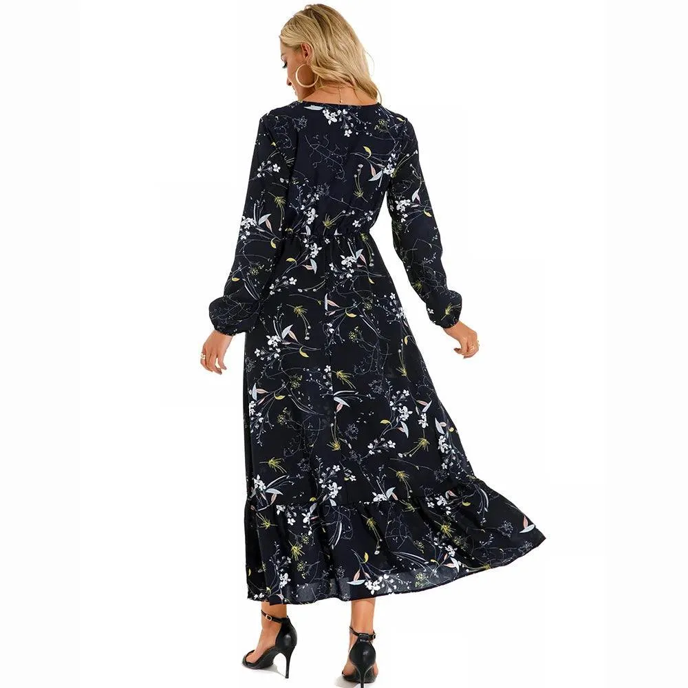 Women's Floral Printed Preppy Casual Elegant Dress | Long Sleeves Ruffle Flowy Soft Temperament