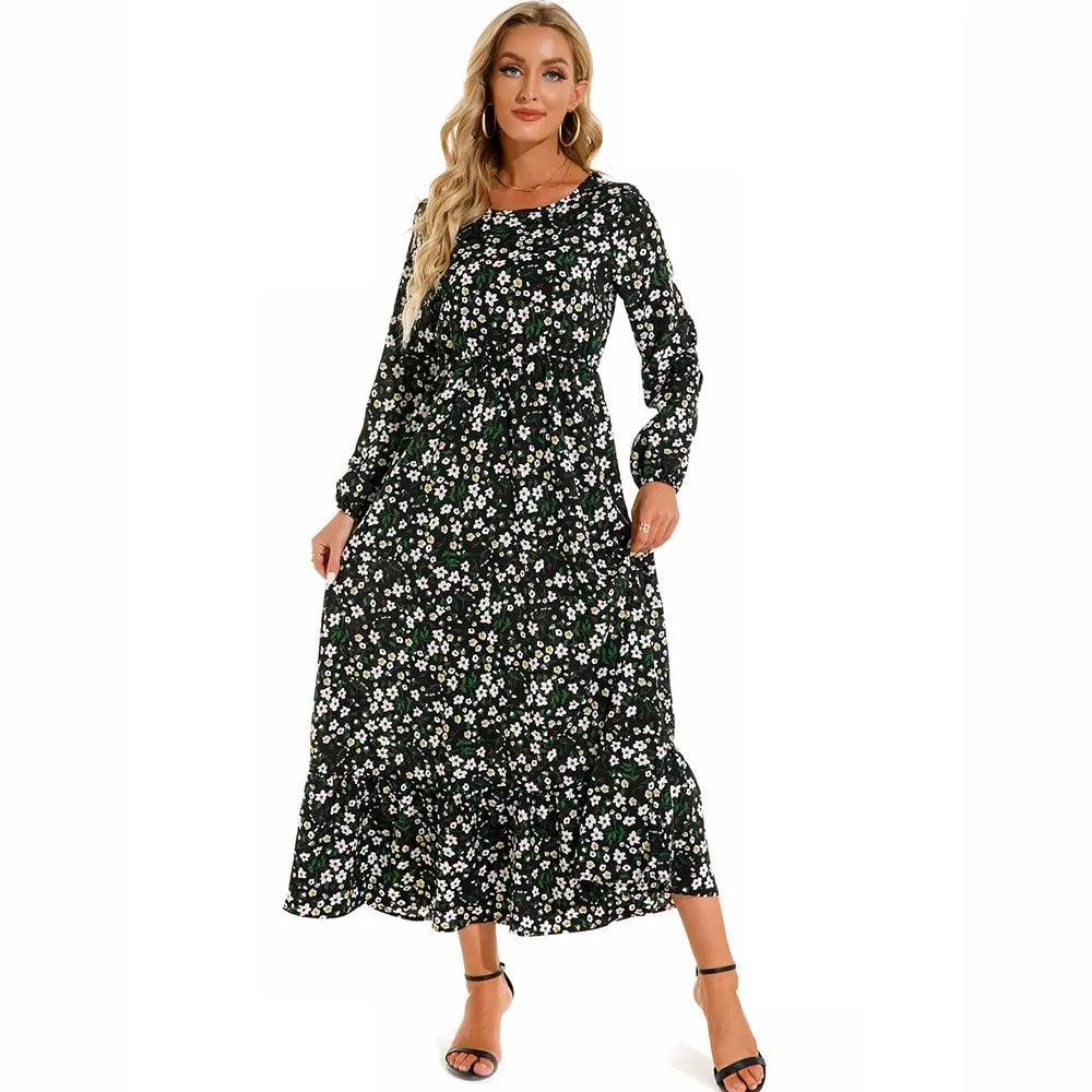 Women's Floral Printed Preppy Casual Elegant Dress | Long Sleeves Ruffle Flowy Soft Temperament