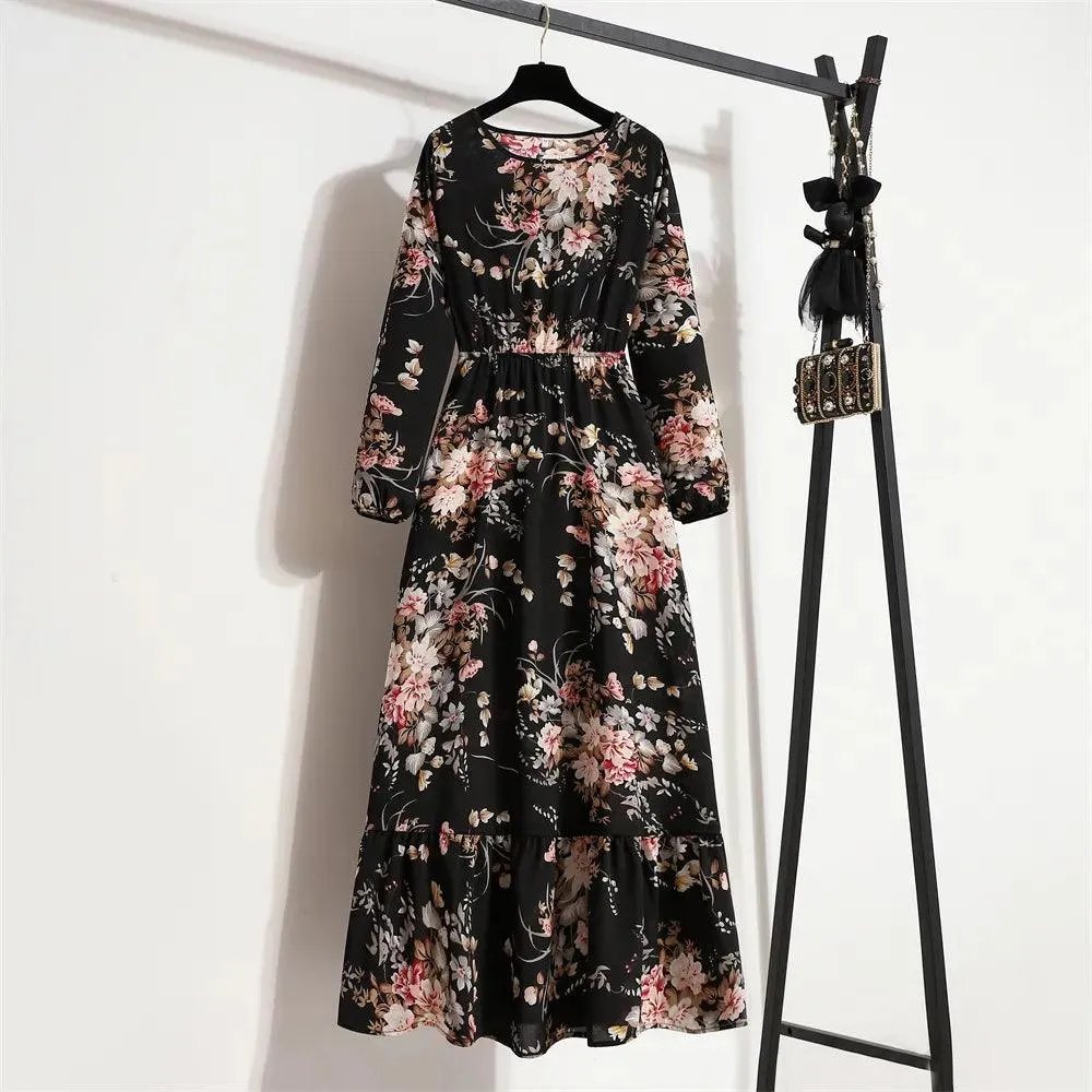 Women's Floral Printed Preppy Casual Elegant Dress | Long Sleeves Ruffle Flowy Soft Temperament